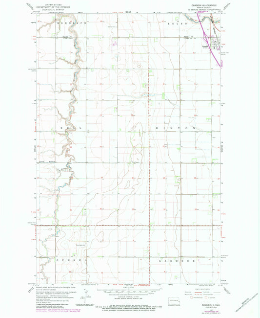 Classic USGS Grandin North Dakota 7.5'x7.5' Topo Map Image