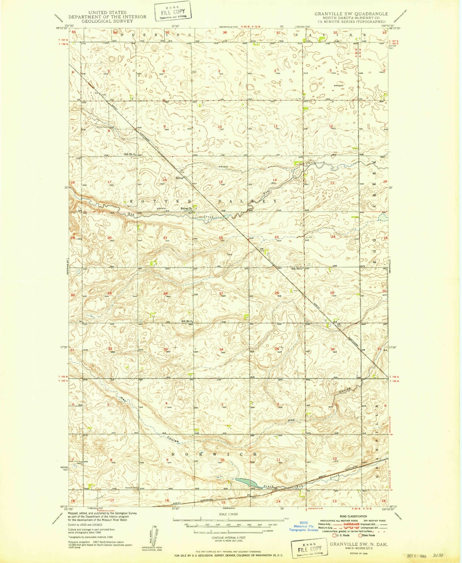 Classic USGS Granville SW North Dakota 7.5'x7.5' Topo Map Image