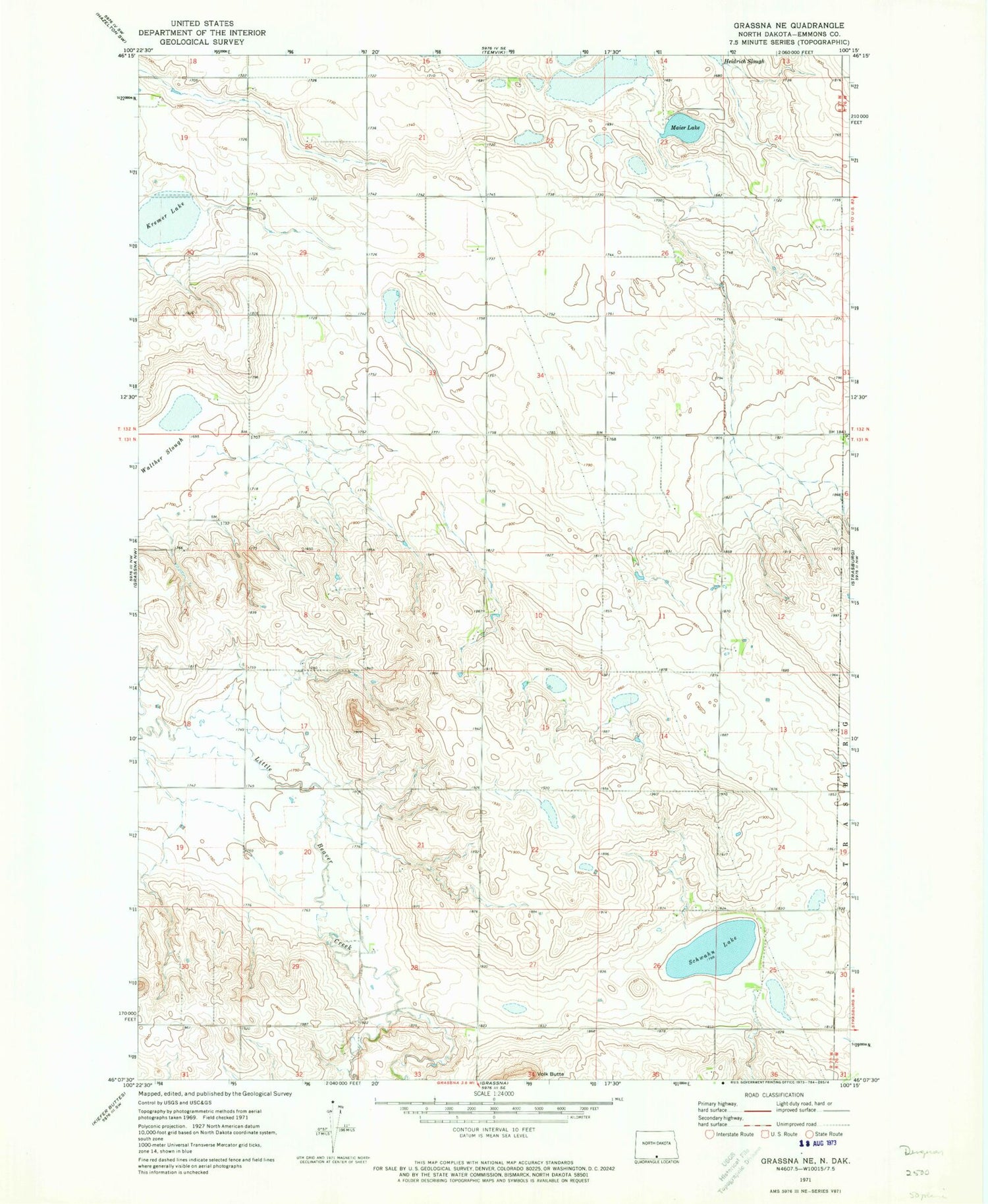 Classic USGS Grassna NE North Dakota 7.5'x7.5' Topo Map Image