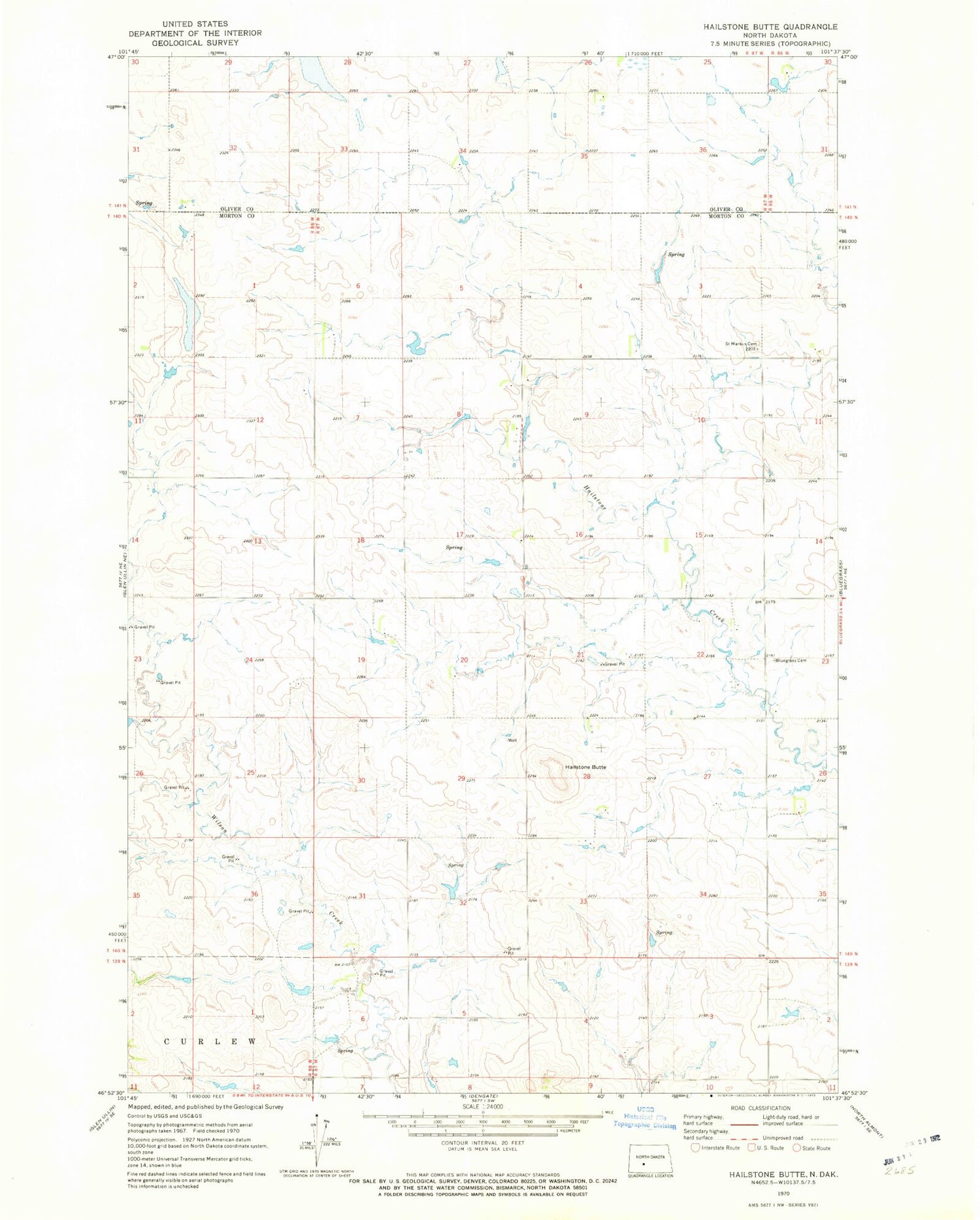 Classic USGS Hailstone Butte North Dakota 7.5'x7.5' Topo Map Image