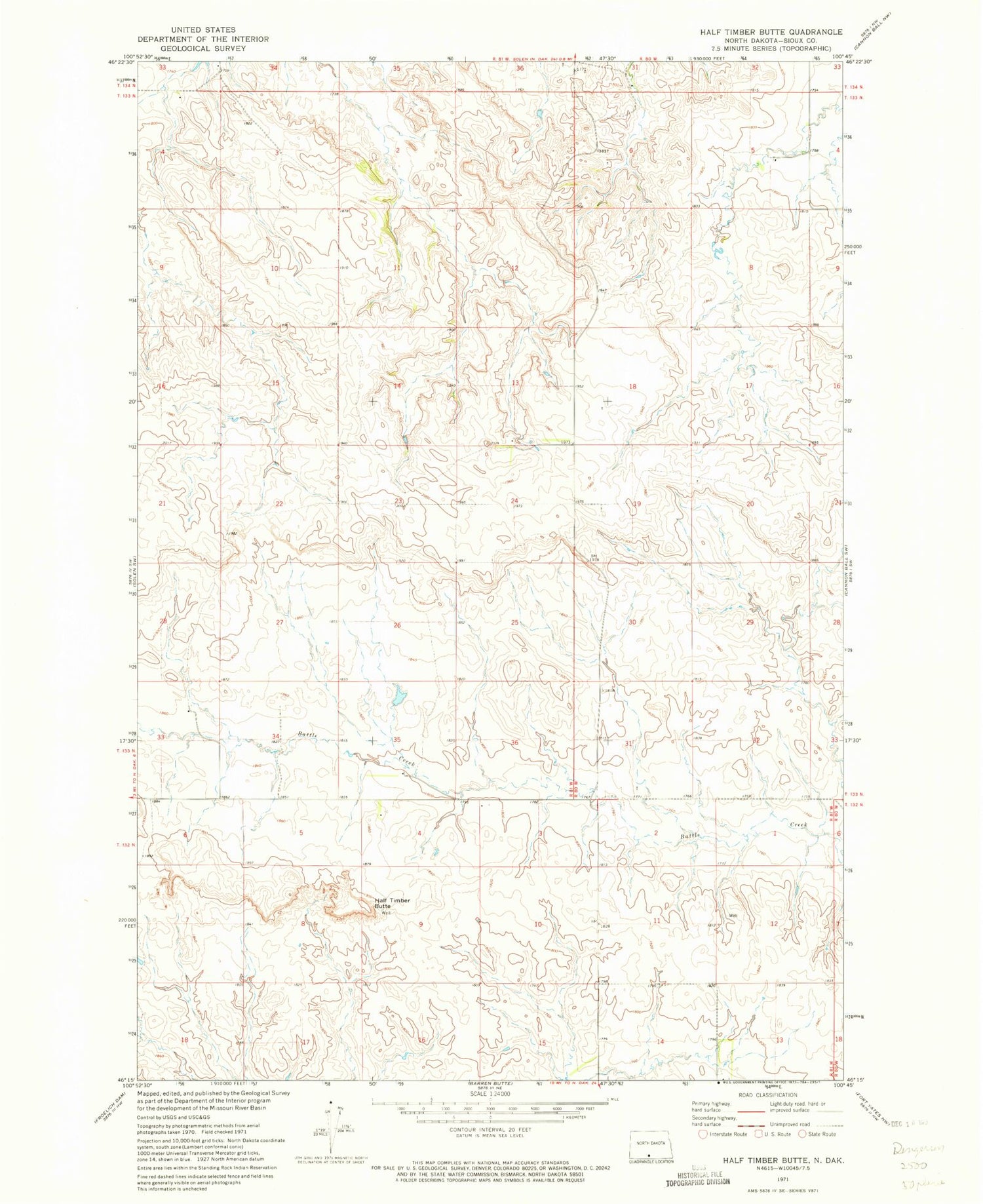 Classic USGS Half Timber Butte North Dakota 7.5'x7.5' Topo Map Image