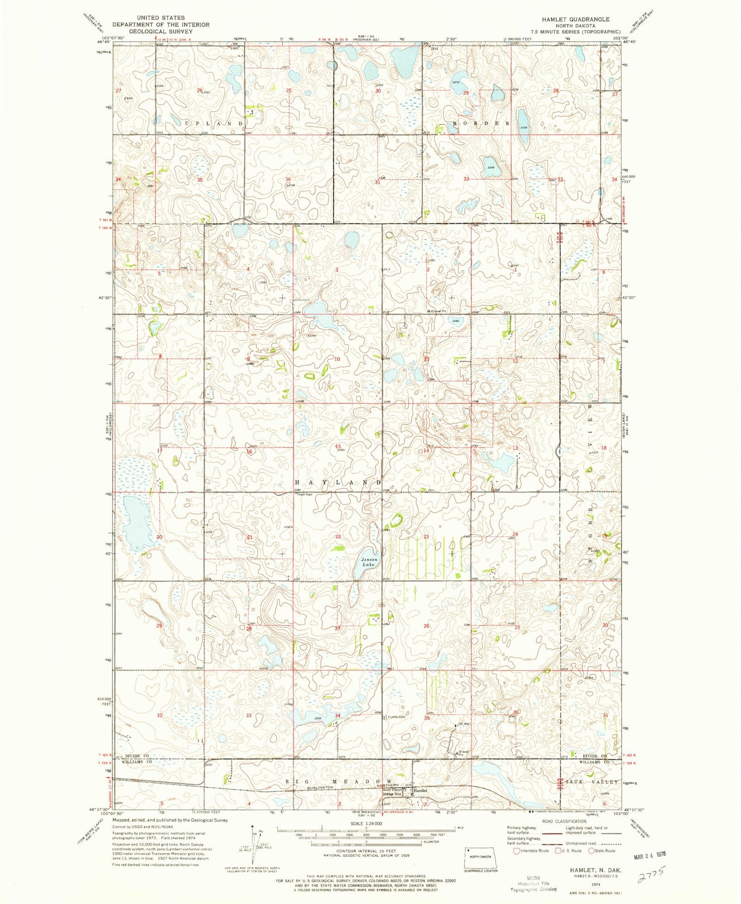 Classic USGS Hamlet North Dakota 7.5'x7.5' Topo Map Image