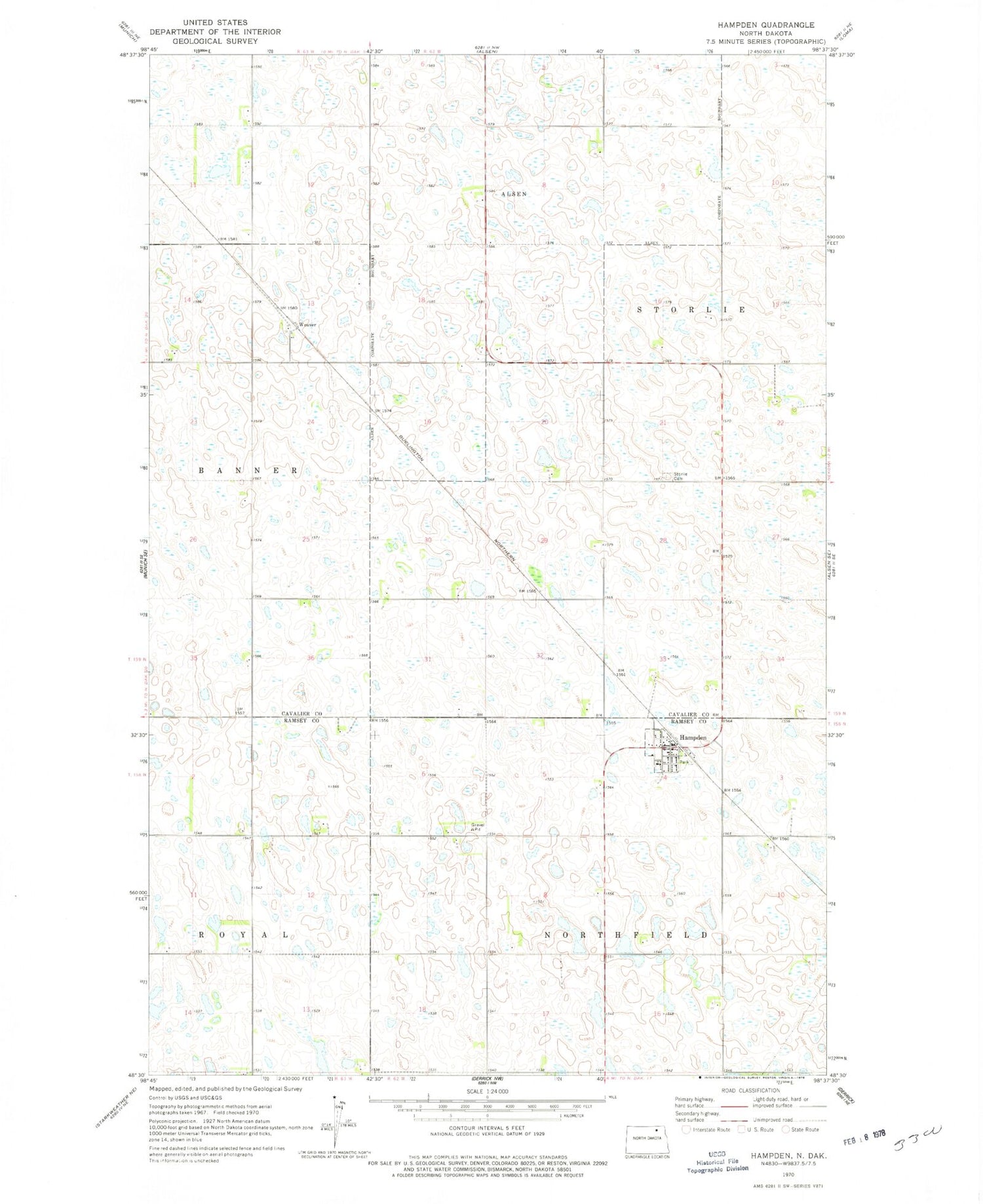 Classic USGS Hampden North Dakota 7.5'x7.5' Topo Map Image