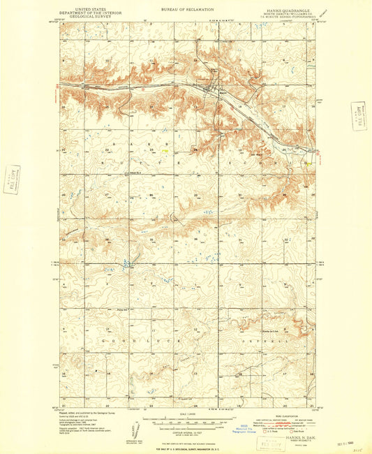 Classic USGS Hanks North Dakota 7.5'x7.5' Topo Map Image