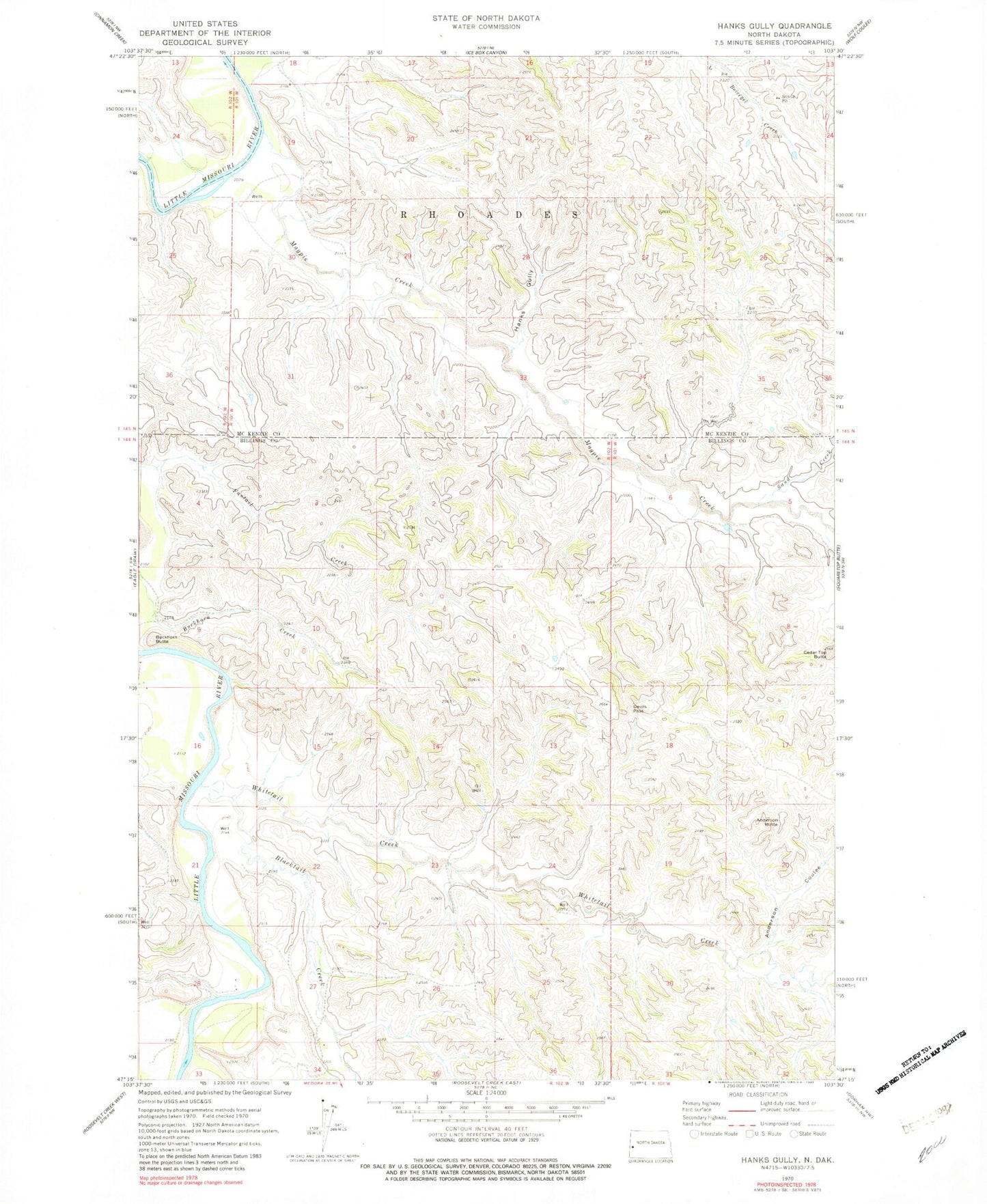 Classic USGS Hanks Gully North Dakota 7.5'x7.5' Topo Map Image