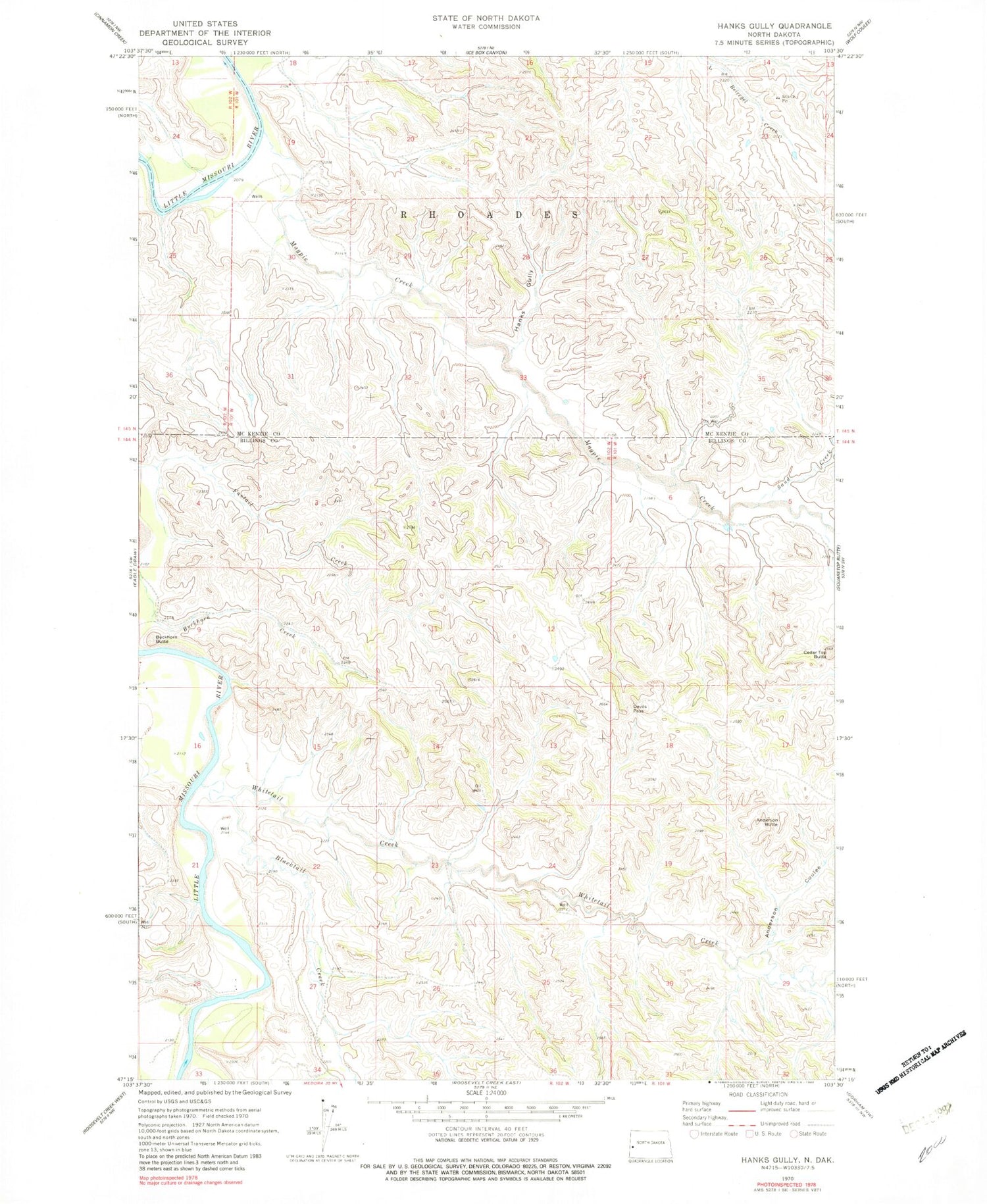Classic USGS Hanks Gully North Dakota 7.5'x7.5' Topo Map Image
