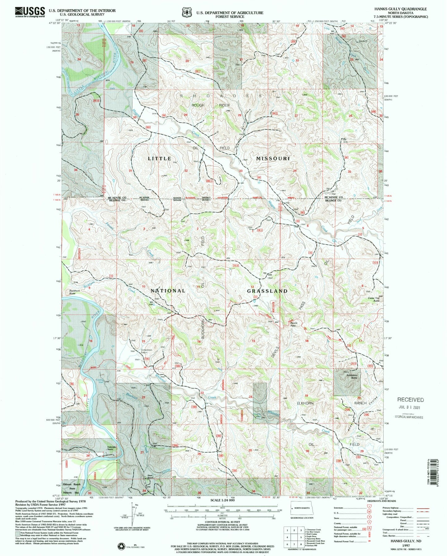 Classic USGS Hanks Gully North Dakota 7.5'x7.5' Topo Map Image