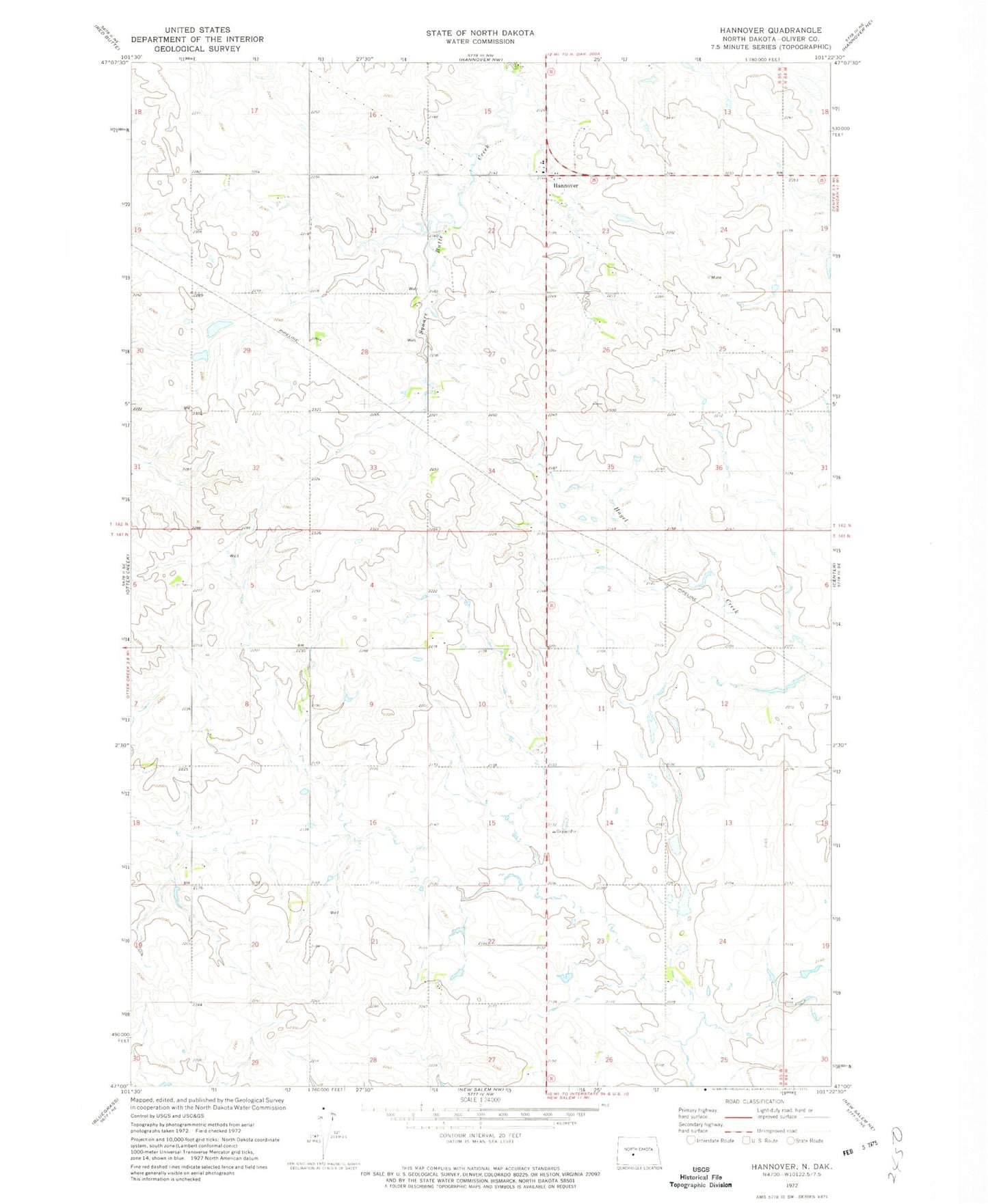 Classic USGS Hannover North Dakota 7.5'x7.5' Topo Map Image