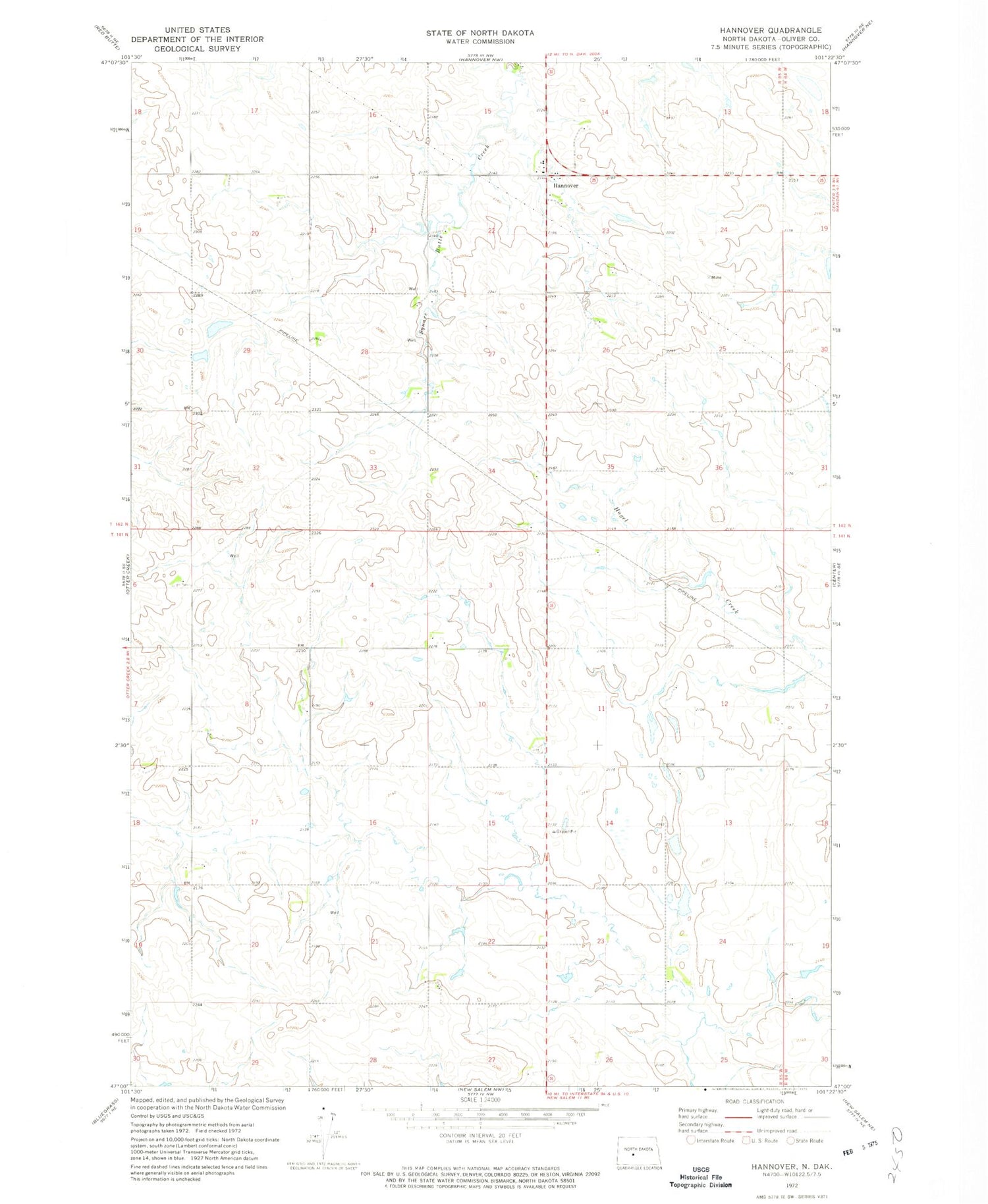 Classic USGS Hannover North Dakota 7.5'x7.5' Topo Map Image