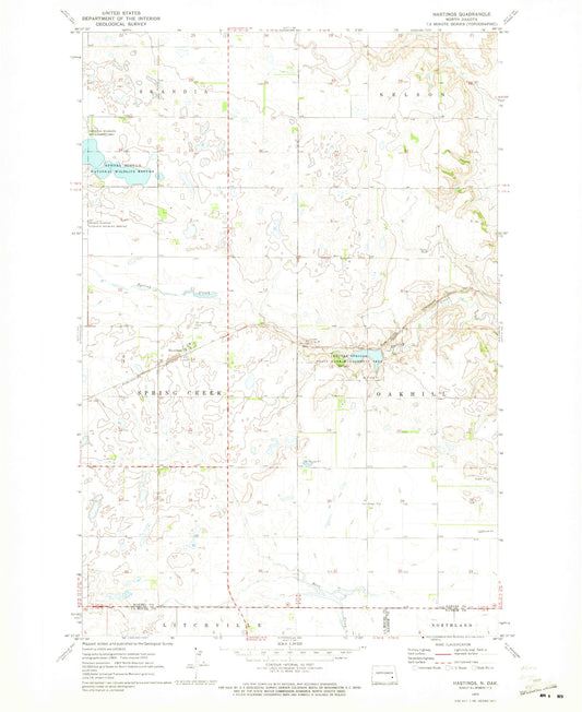 Classic USGS Hastings North Dakota 7.5'x7.5' Topo Map Image
