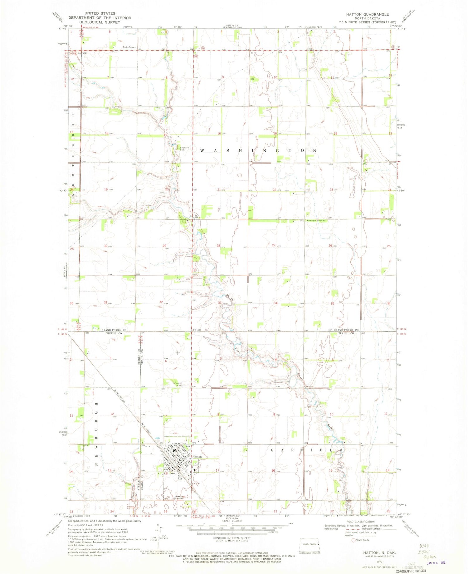 Classic USGS Hatton North Dakota 7.5'x7.5' Topo Map Image