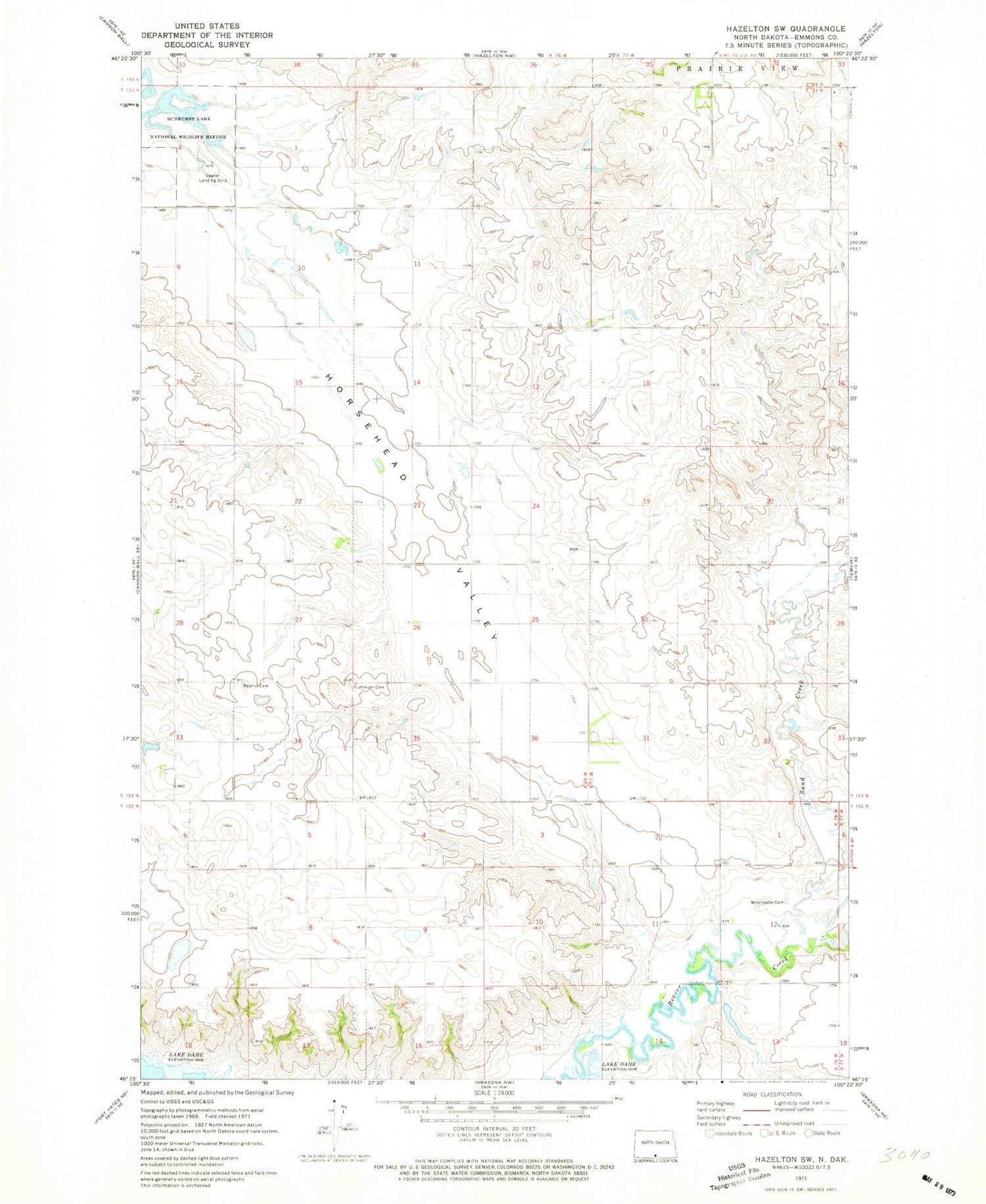 Classic USGS Hazelton SW North Dakota 7.5'x7.5' Topo Map Image