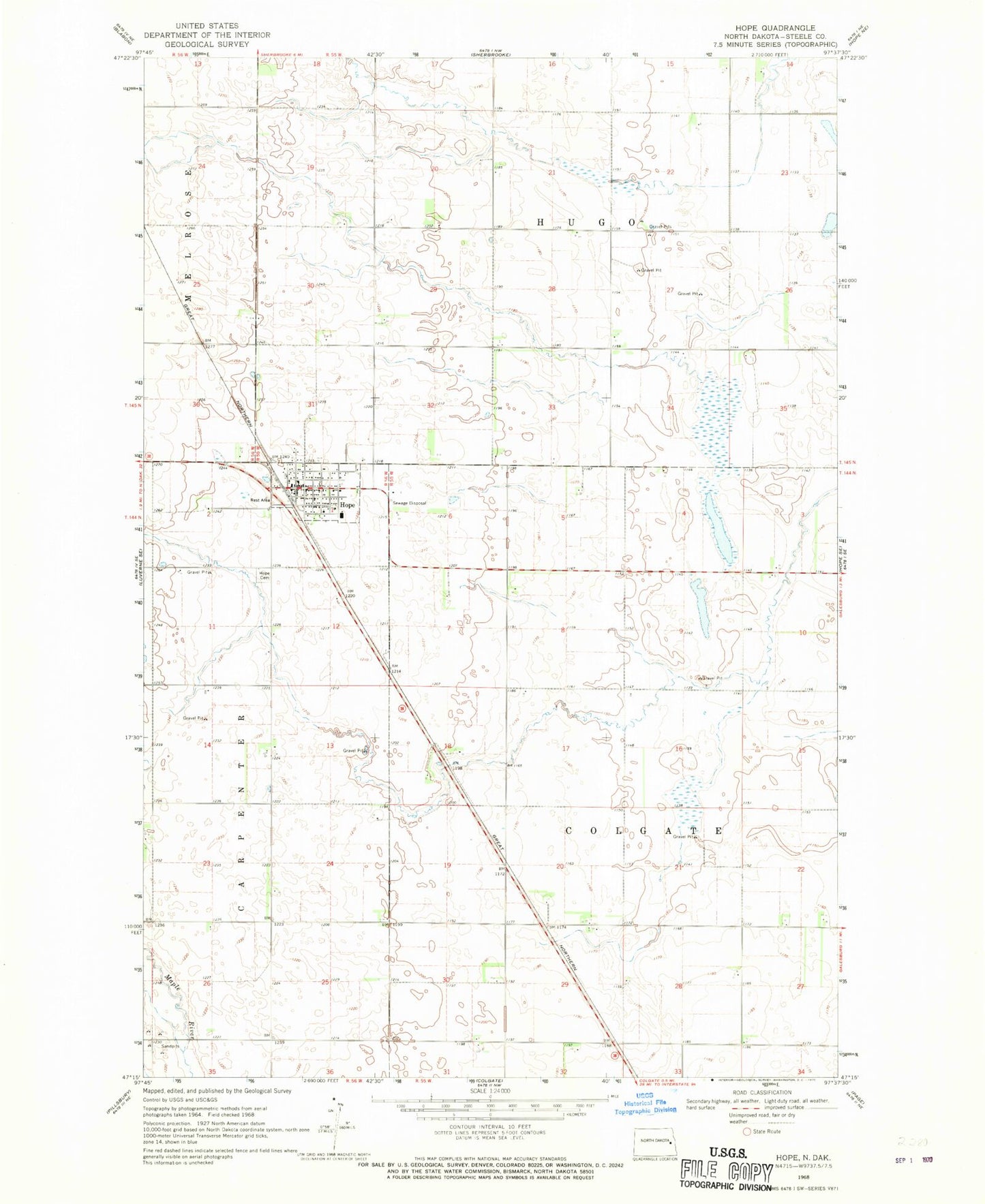 Classic USGS Hope North Dakota 7.5'x7.5' Topo Map Image