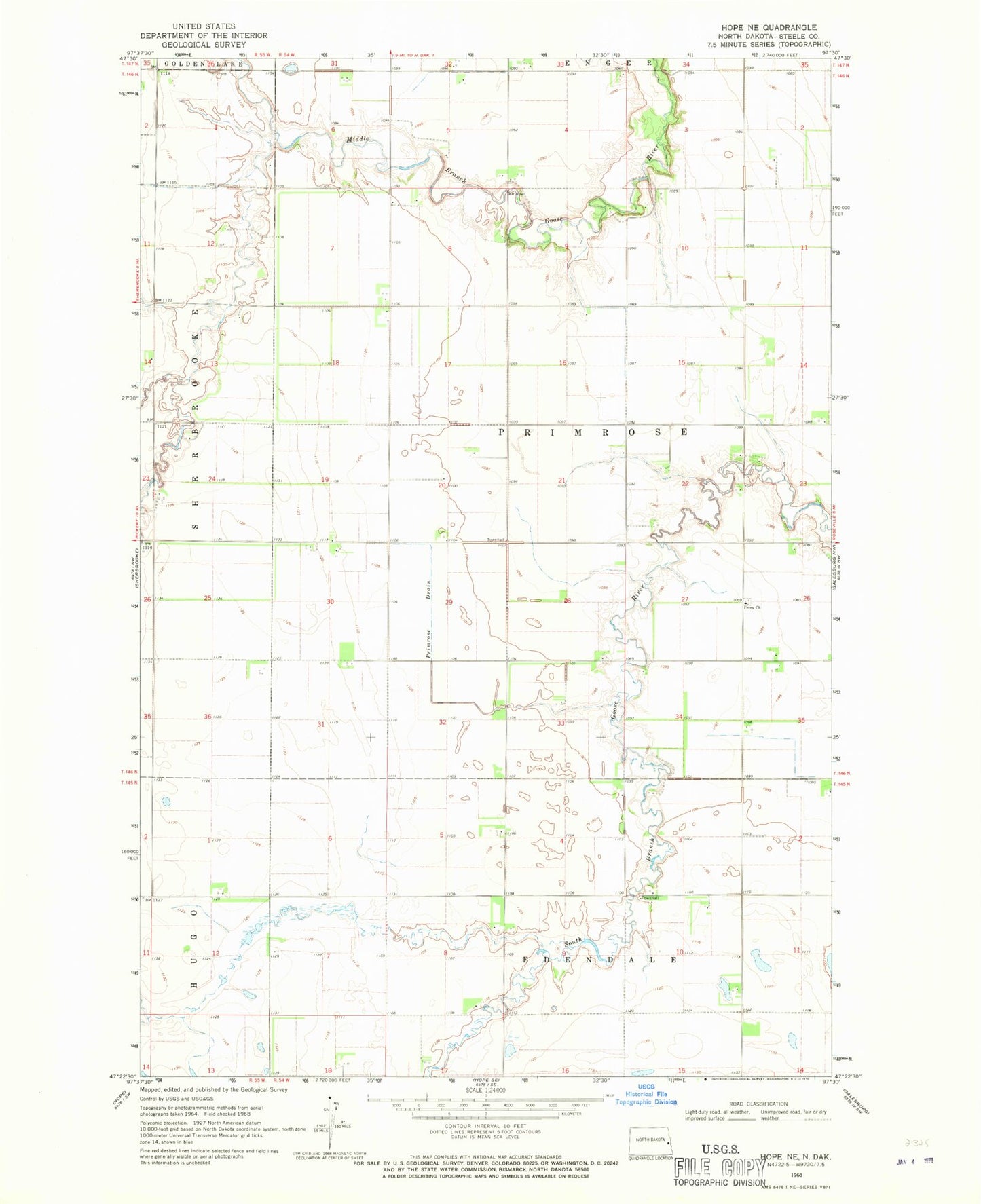 Classic USGS Hope NE North Dakota 7.5'x7.5' Topo Map Image