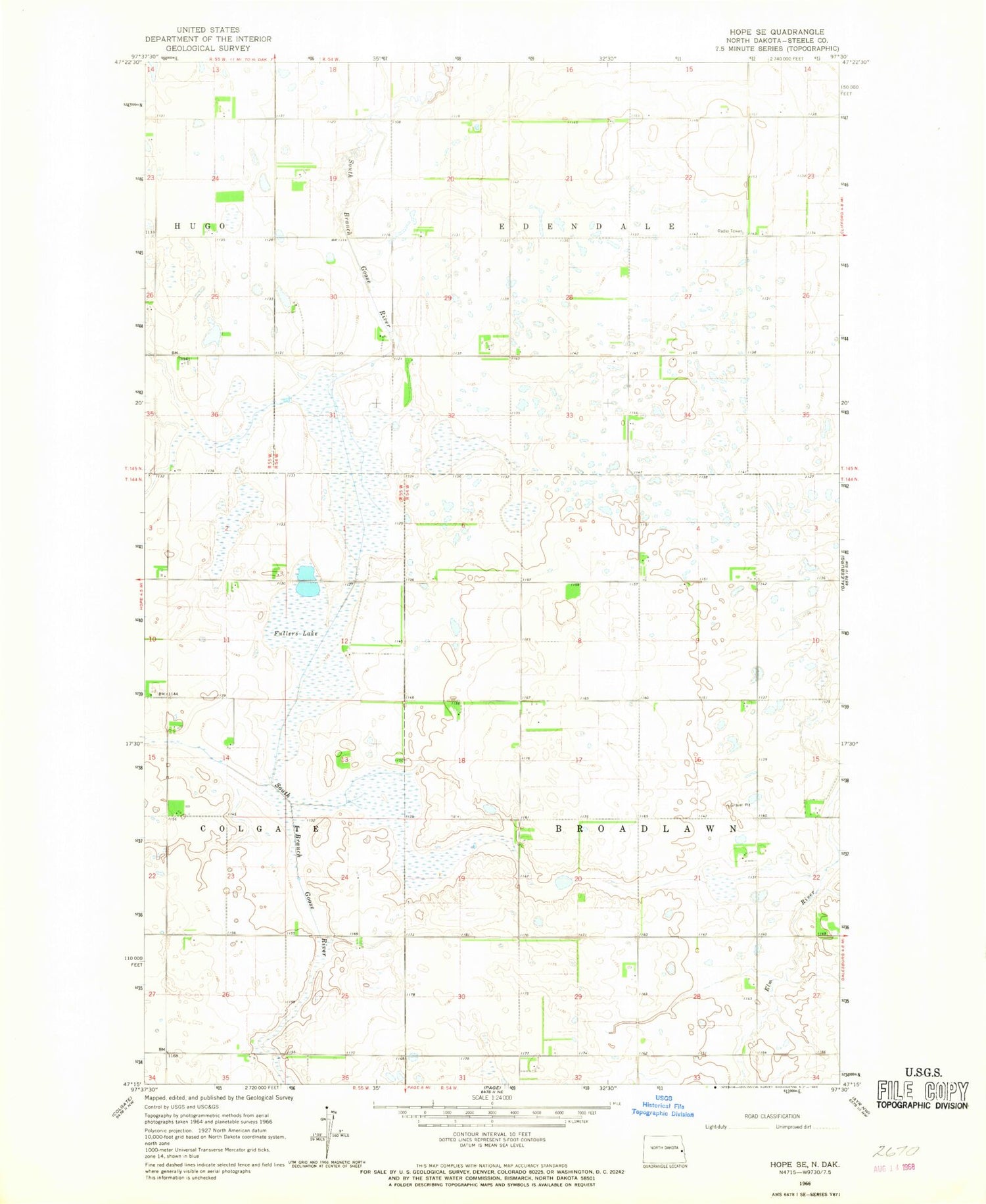Classic USGS Hope SE North Dakota 7.5'x7.5' Topo Map Image