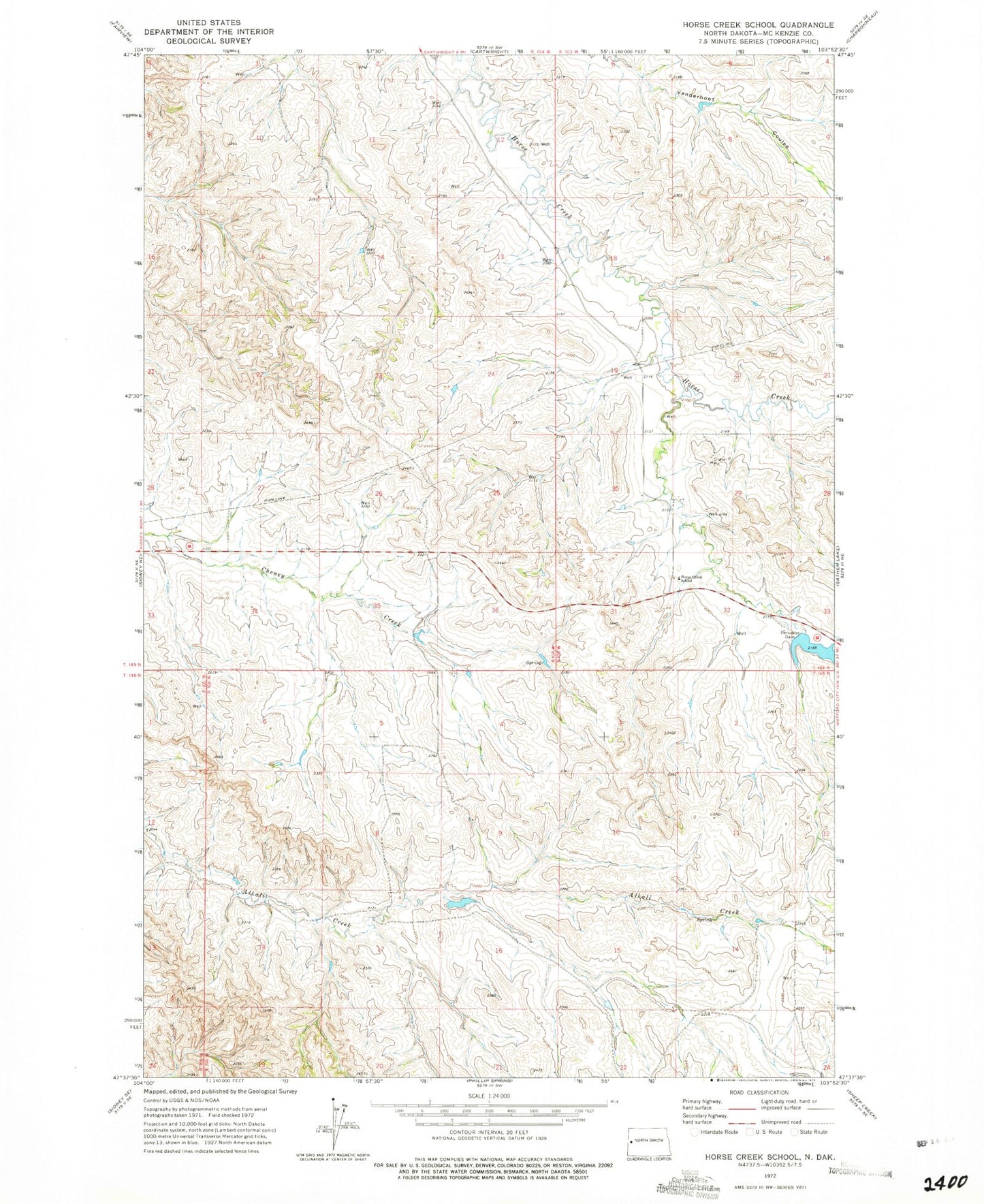 Classic USGS Horse Creek School North Dakota 7.5'x7.5' Topo Map Image