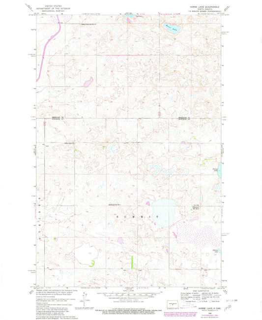 Classic USGS Horse Lake North Dakota 7.5'x7.5' Topo Map Image