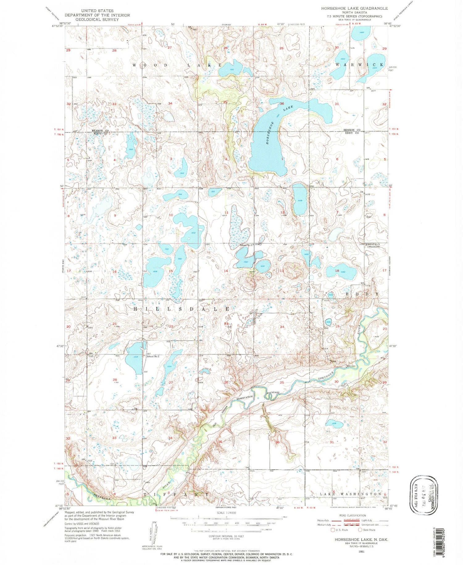 Classic USGS Horseshoe Lake North Dakota 7.5'x7.5' Topo Map Image