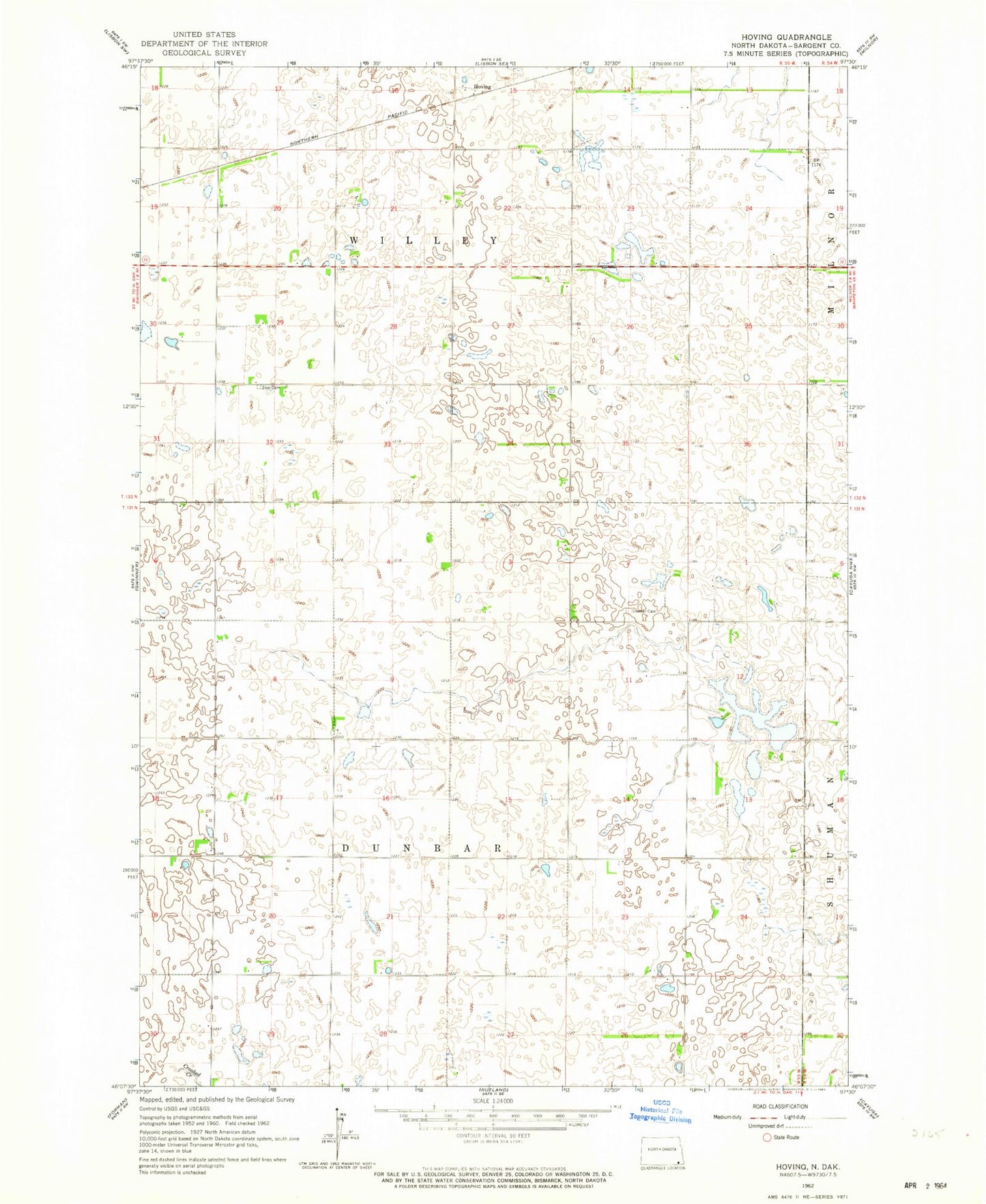 Classic USGS Hoving North Dakota 7.5'x7.5' Topo Map Image