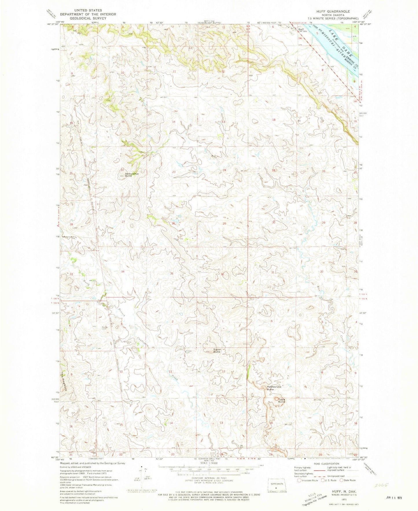 Classic USGS Huff North Dakota 7.5'x7.5' Topo Map Image