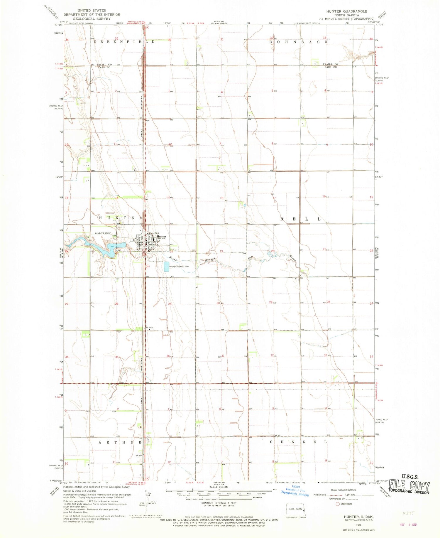 Classic USGS Hunter North Dakota 7.5'x7.5' Topo Map Image