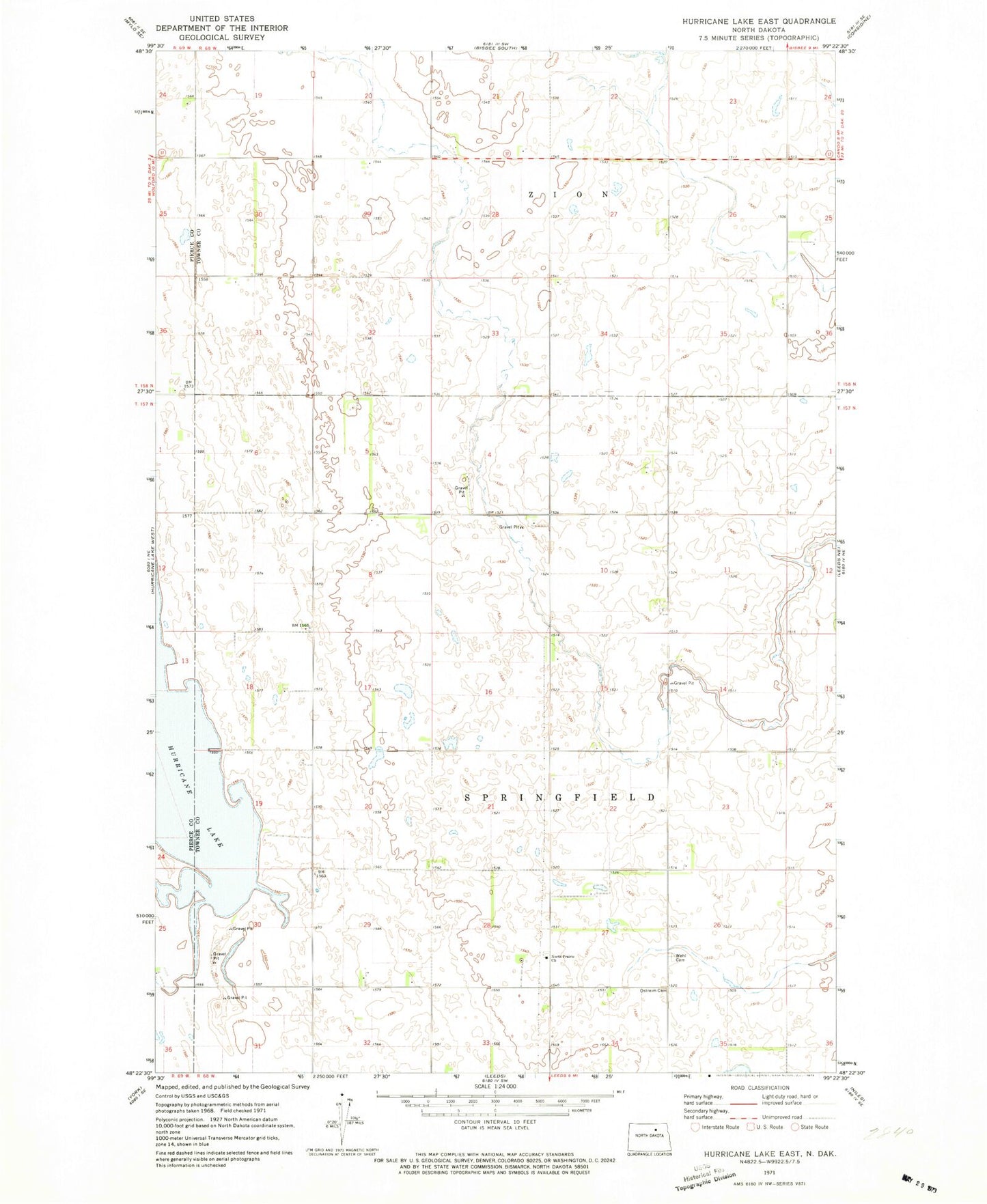 Classic USGS Hurricane Lake East North Dakota 7.5'x7.5' Topo Map Image