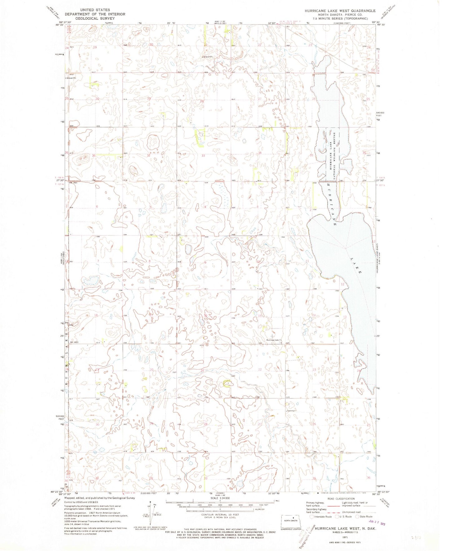 Classic USGS Hurricane Lake West North Dakota 7.5'x7.5' Topo Map Image