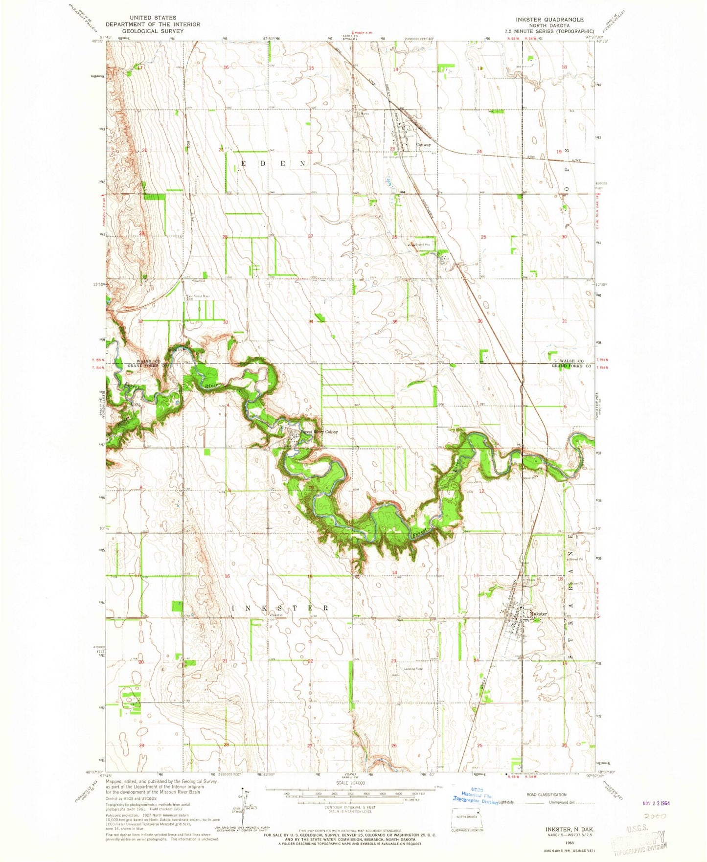 Classic USGS Inkster North Dakota 7.5'x7.5' Topo Map Image