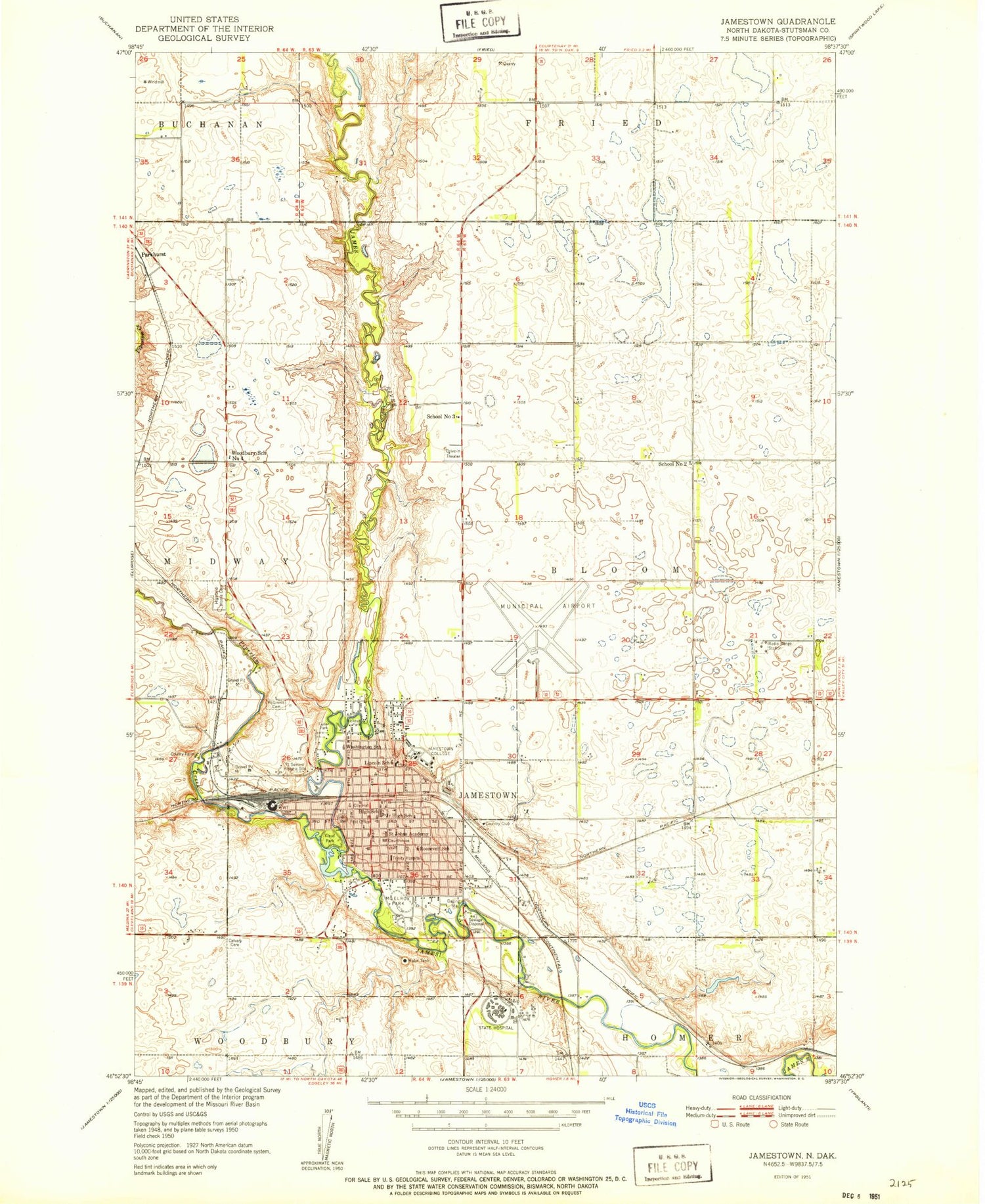 Classic USGS Jamestown North Dakota 7.5'x7.5' Topo Map Image
