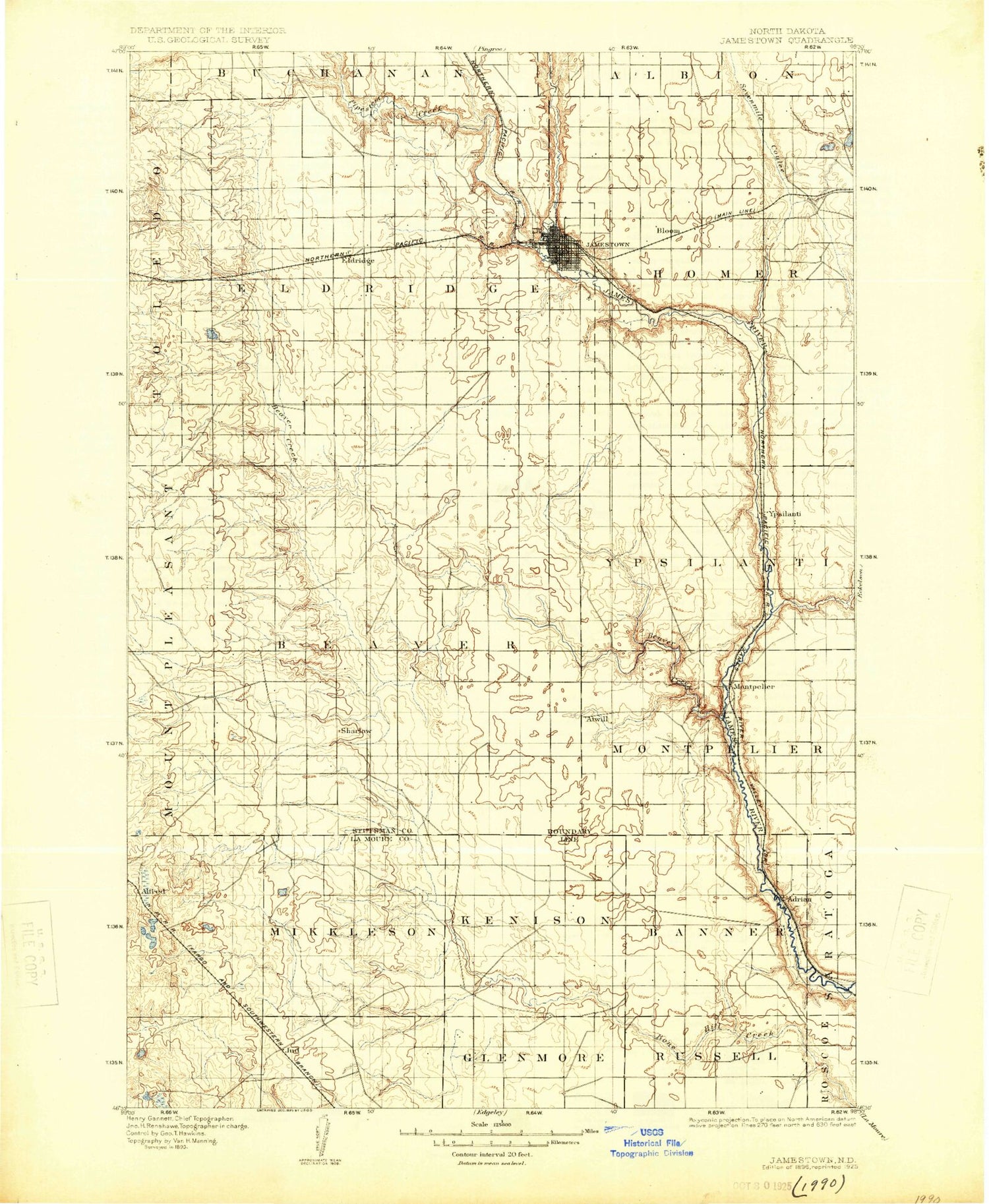 Historic 1896 Jamestown North Dakota 30'x30' Topo Map Image