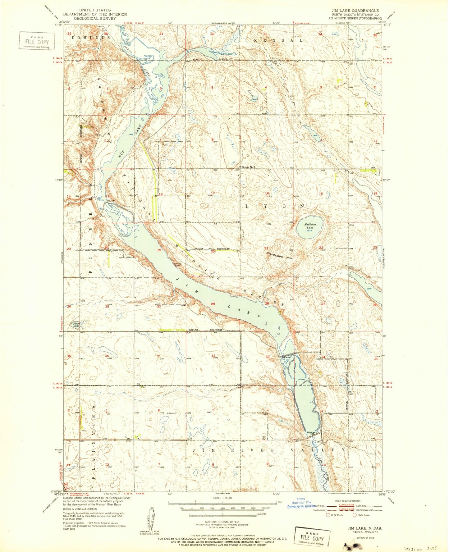 Classic USGS Jim Lake North Dakota 7.5'x7.5' Topo Map Image