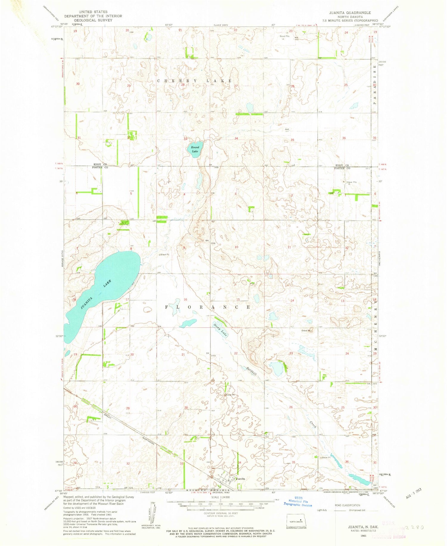 Classic USGS Juanita North Dakota 7.5'x7.5' Topo Map Image
