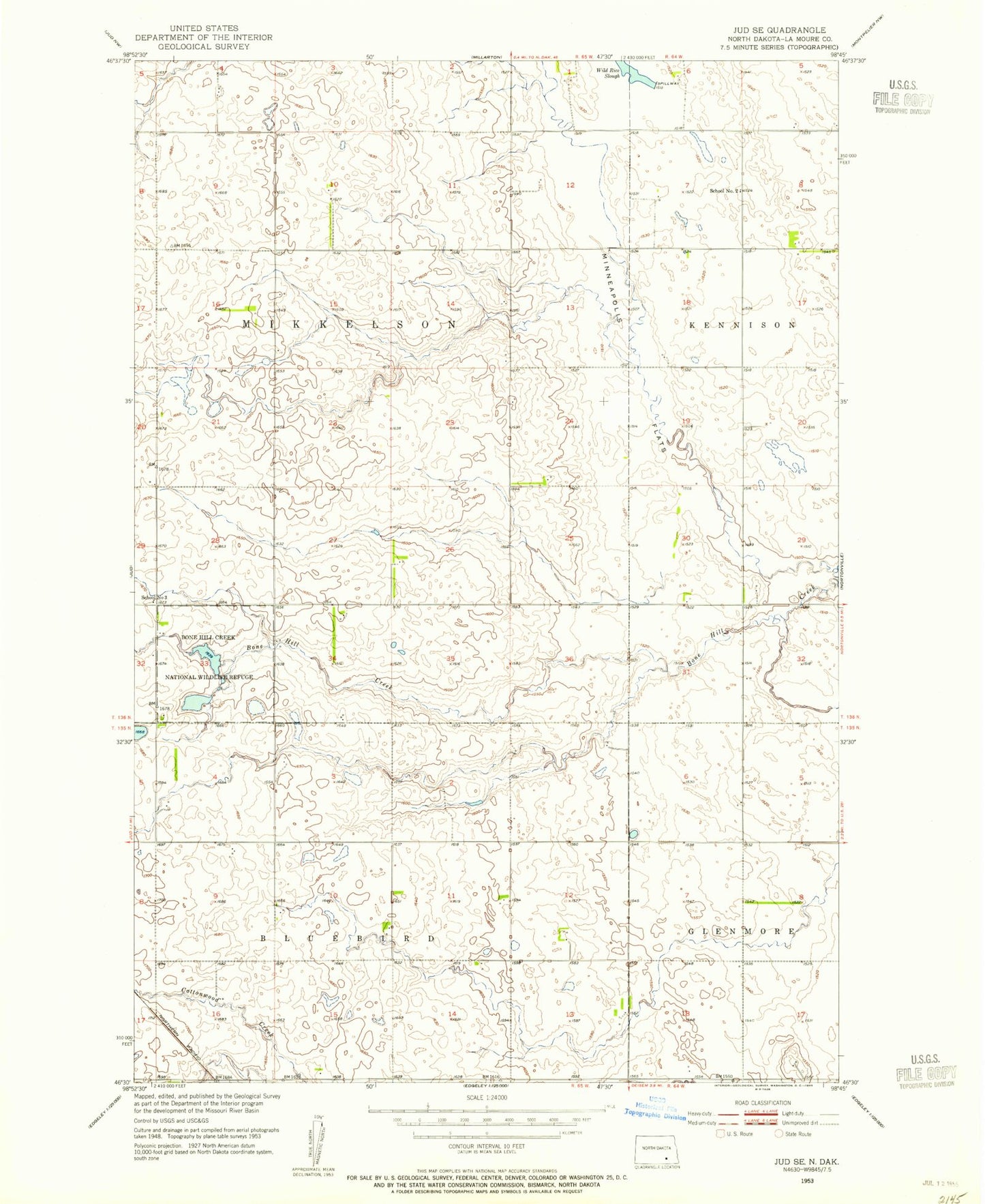 Classic USGS Jud SE North Dakota 7.5'x7.5' Topo Map Image
