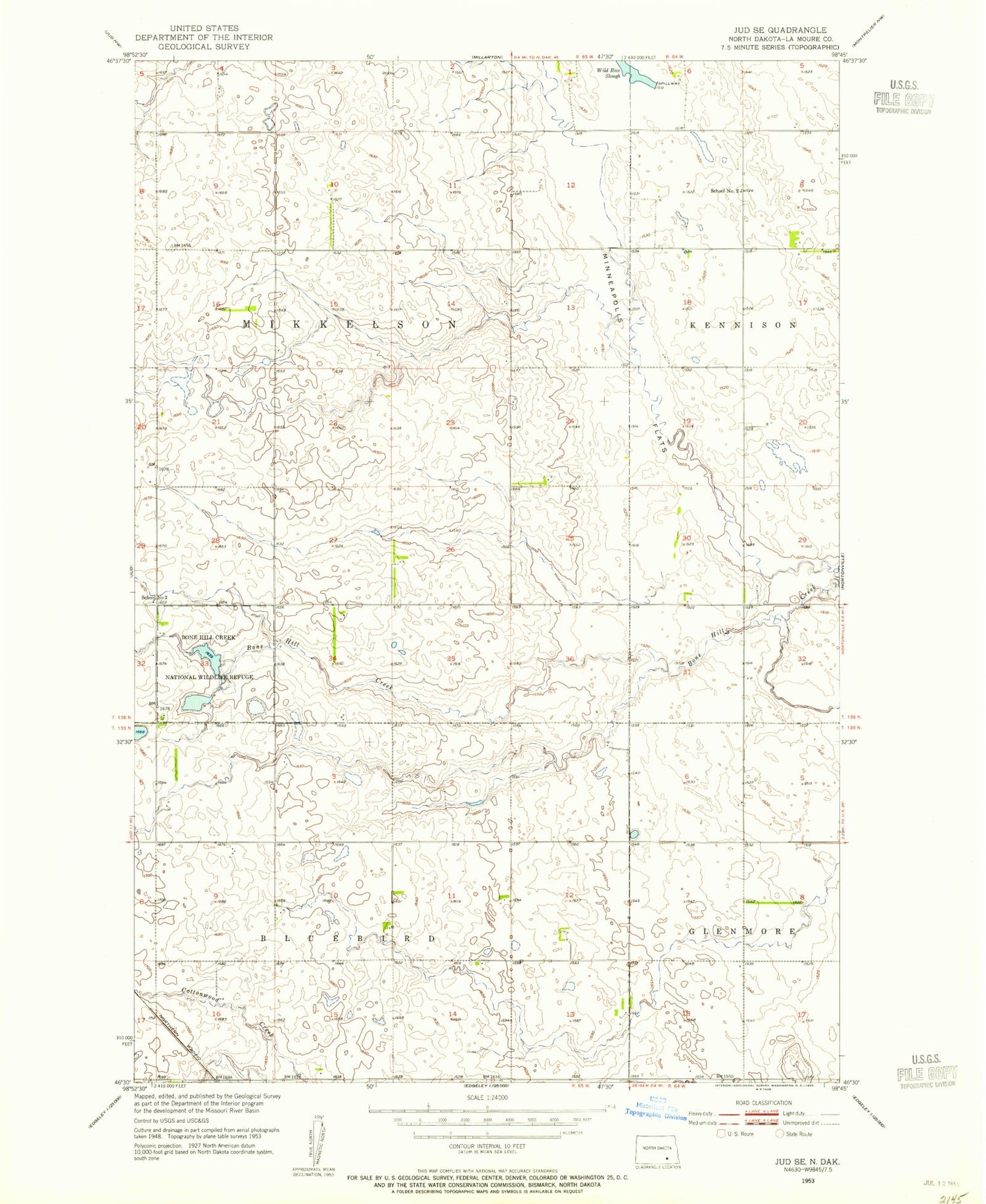 Classic USGS Jud SE North Dakota 7.5'x7.5' Topo Map Image