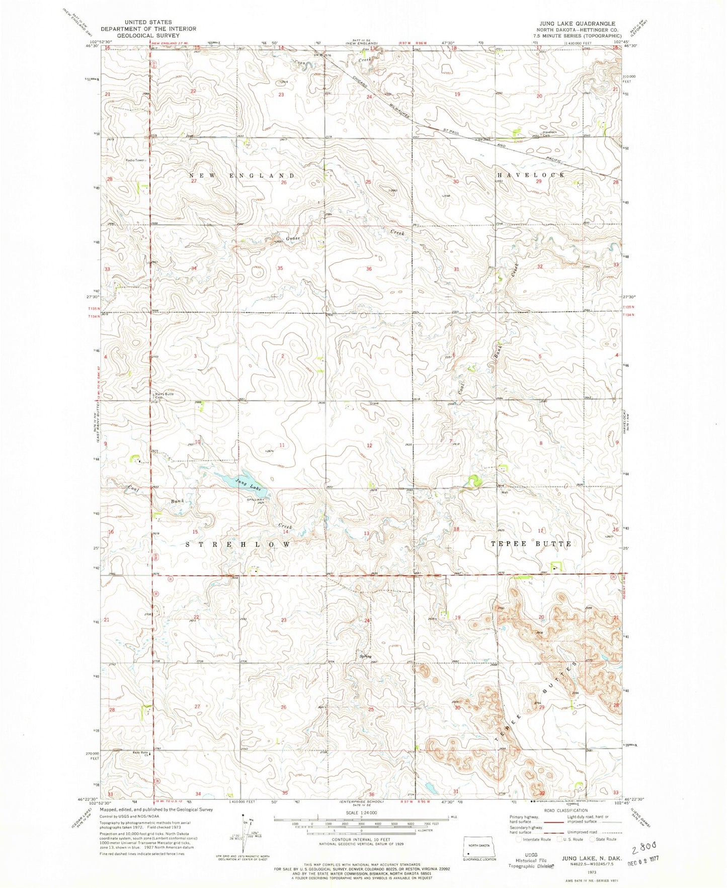 Classic USGS Jung Lake North Dakota 7.5'x7.5' Topo Map Image