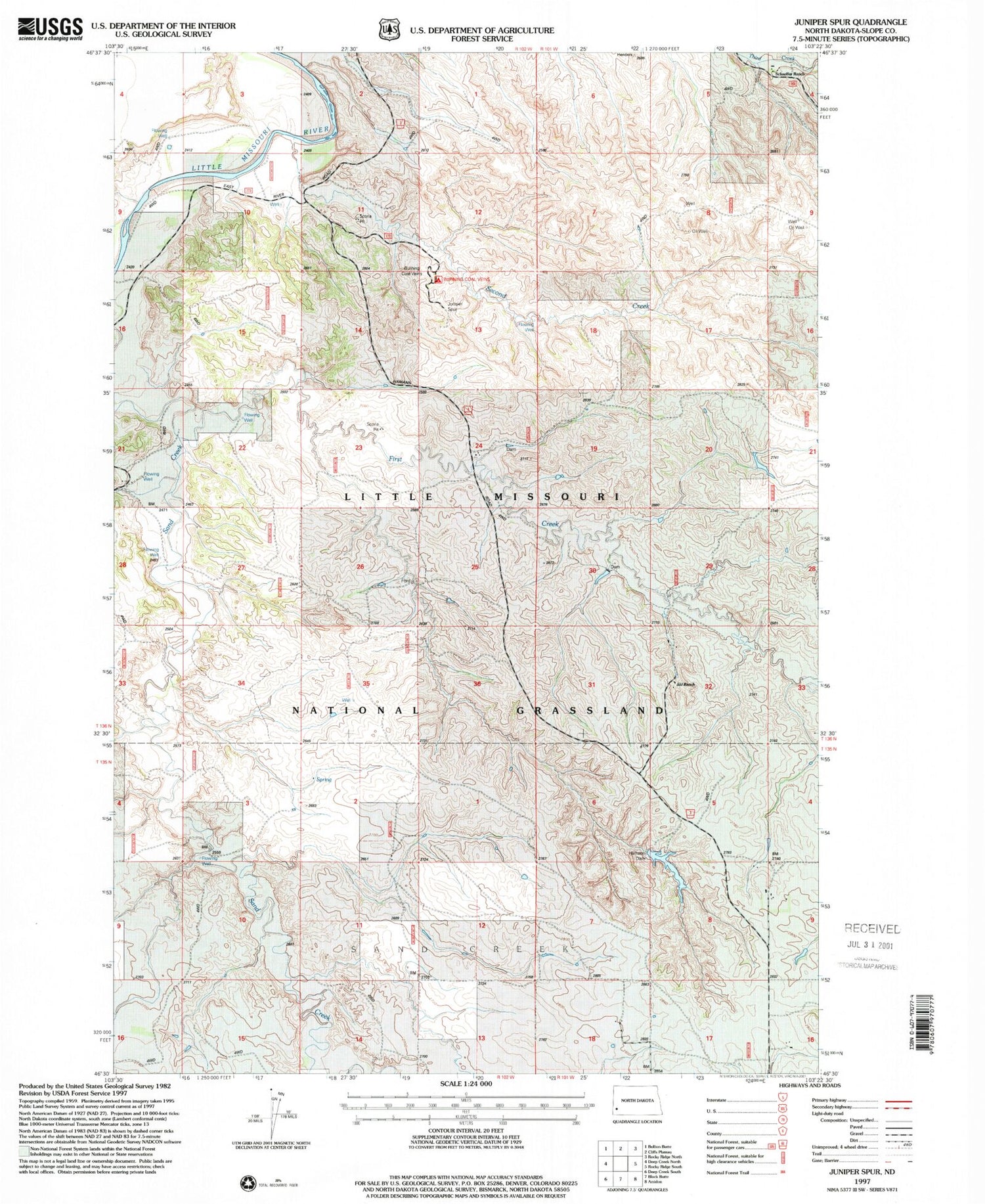 Classic USGS Juniper Spur North Dakota 7.5'x7.5' Topo Map Image