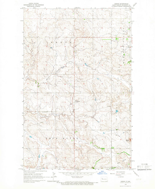Classic USGS Keene North Dakota 7.5'x7.5' Topo Map Image
