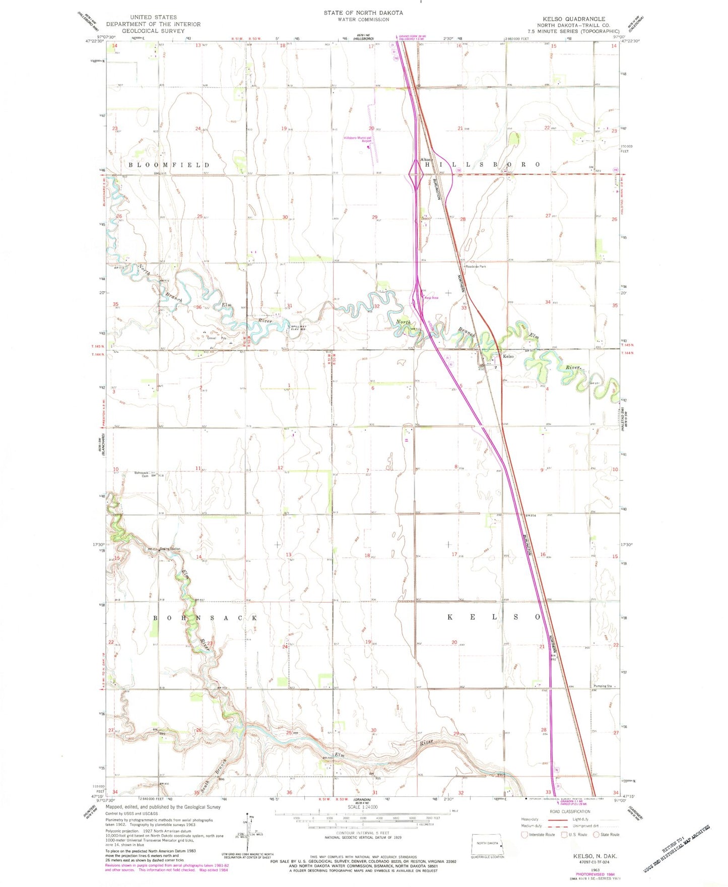 Classic USGS Kelso North Dakota 7.5'x7.5' Topo Map Image