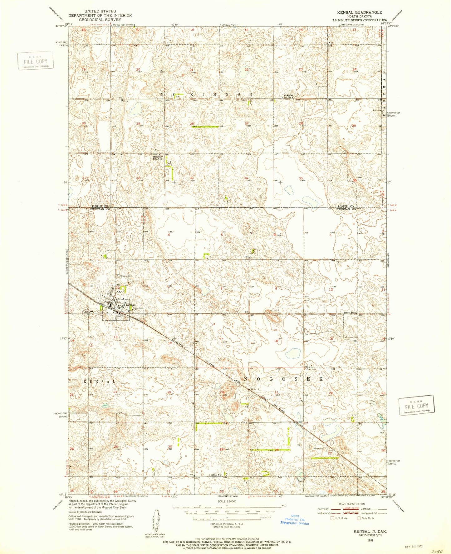 Classic USGS Kensal North Dakota 7.5'x7.5' Topo Map Image