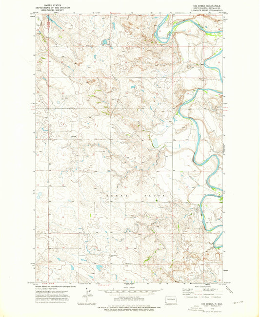 Classic USGS Kid Creek North Dakota 7.5'x7.5' Topo Map Image