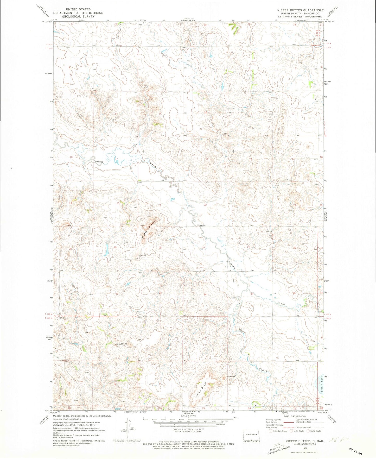 Classic USGS Kiefer Buttes North Dakota 7.5'x7.5' Topo Map Image
