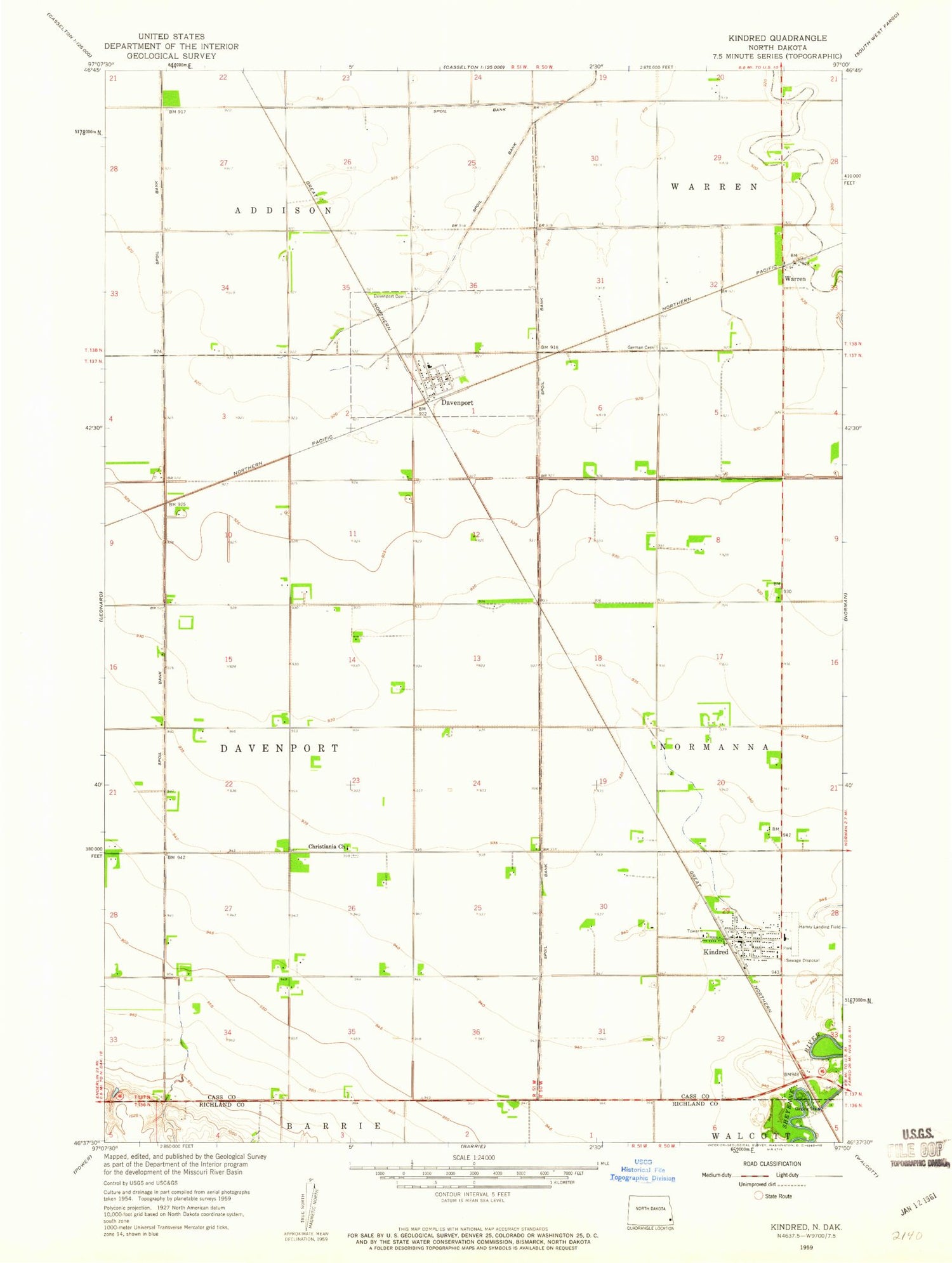 Classic USGS Kindred North Dakota 7.5'x7.5' Topo Map Image