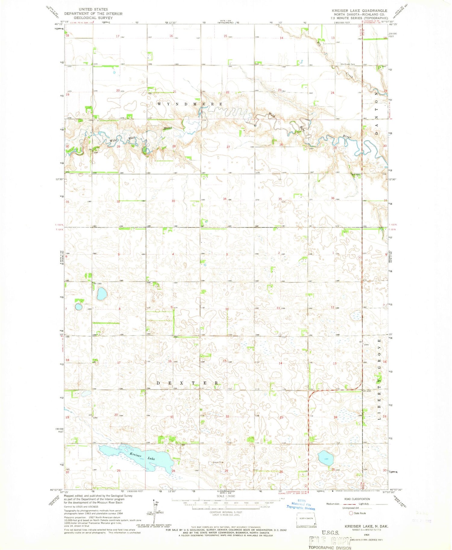 Classic USGS Kreiser Lake North Dakota 7.5'x7.5' Topo Map Image