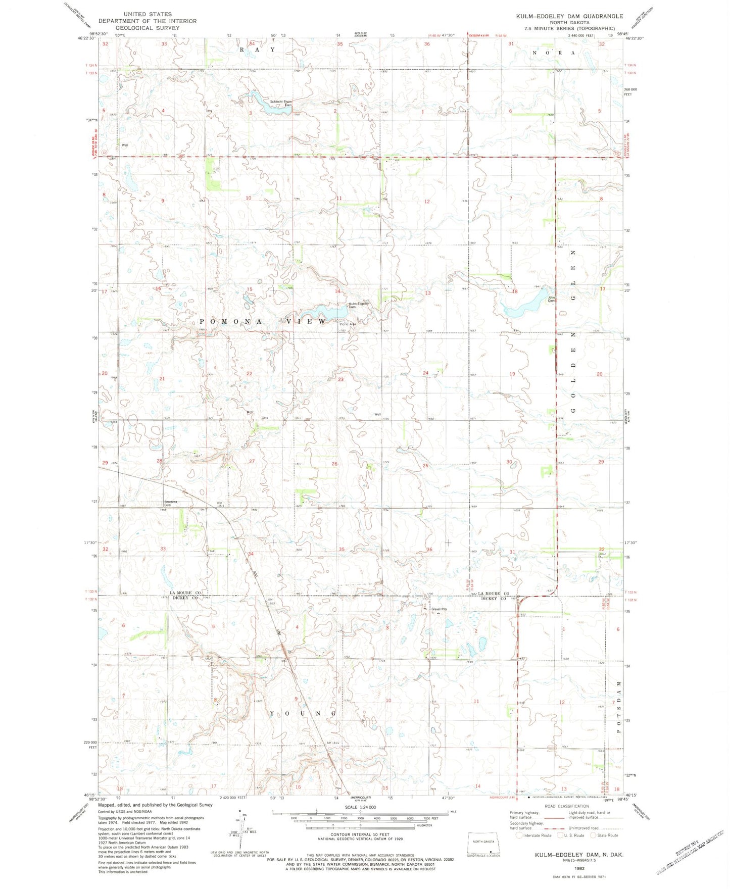 Classic USGS Kulm-Edgeley Dam North Dakota 7.5'x7.5' Topo Map Image
