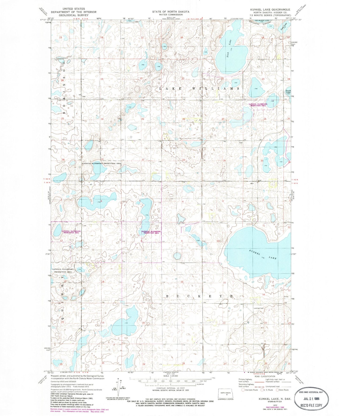Classic USGS Kunkel Lake North Dakota 7.5'x7.5' Topo Map Image