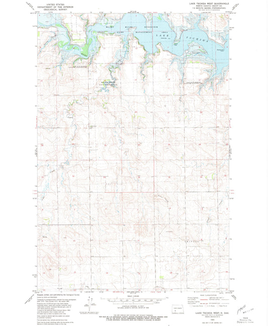 Classic USGS Lake Tschida West North Dakota 7.5'x7.5' Topo Map Image