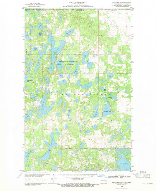Classic USGS Lake Upsilon North Dakota 7.5'x7.5' Topo Map Image