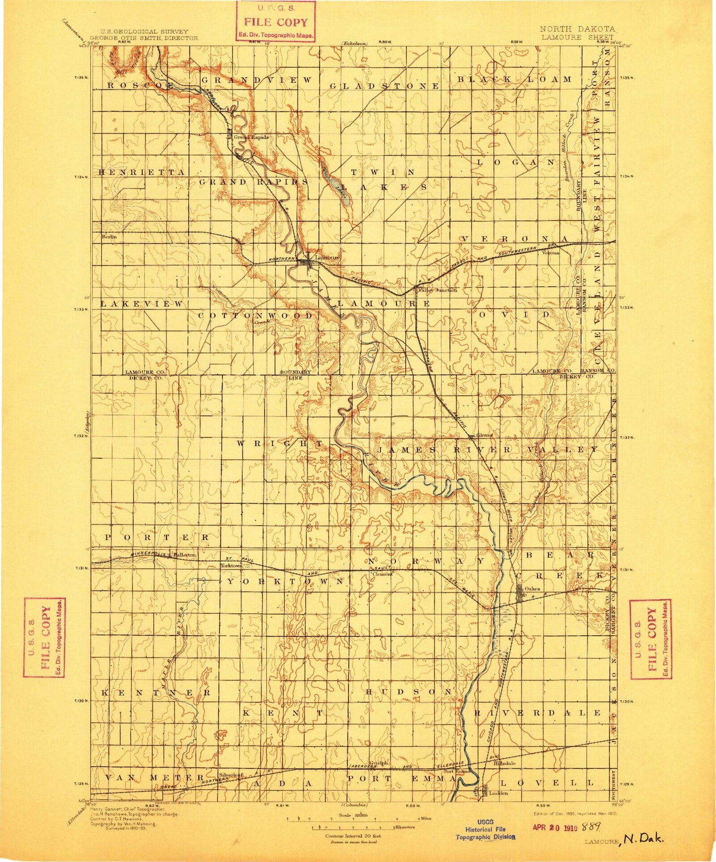 Historic 1895 LaMoure North Dakota 30'x30' Topo Map Image