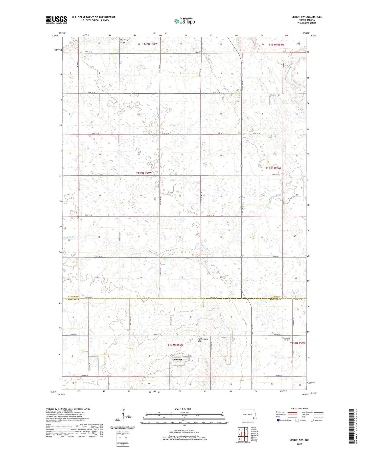 Lisbon SW North Dakota US Topo Map Image