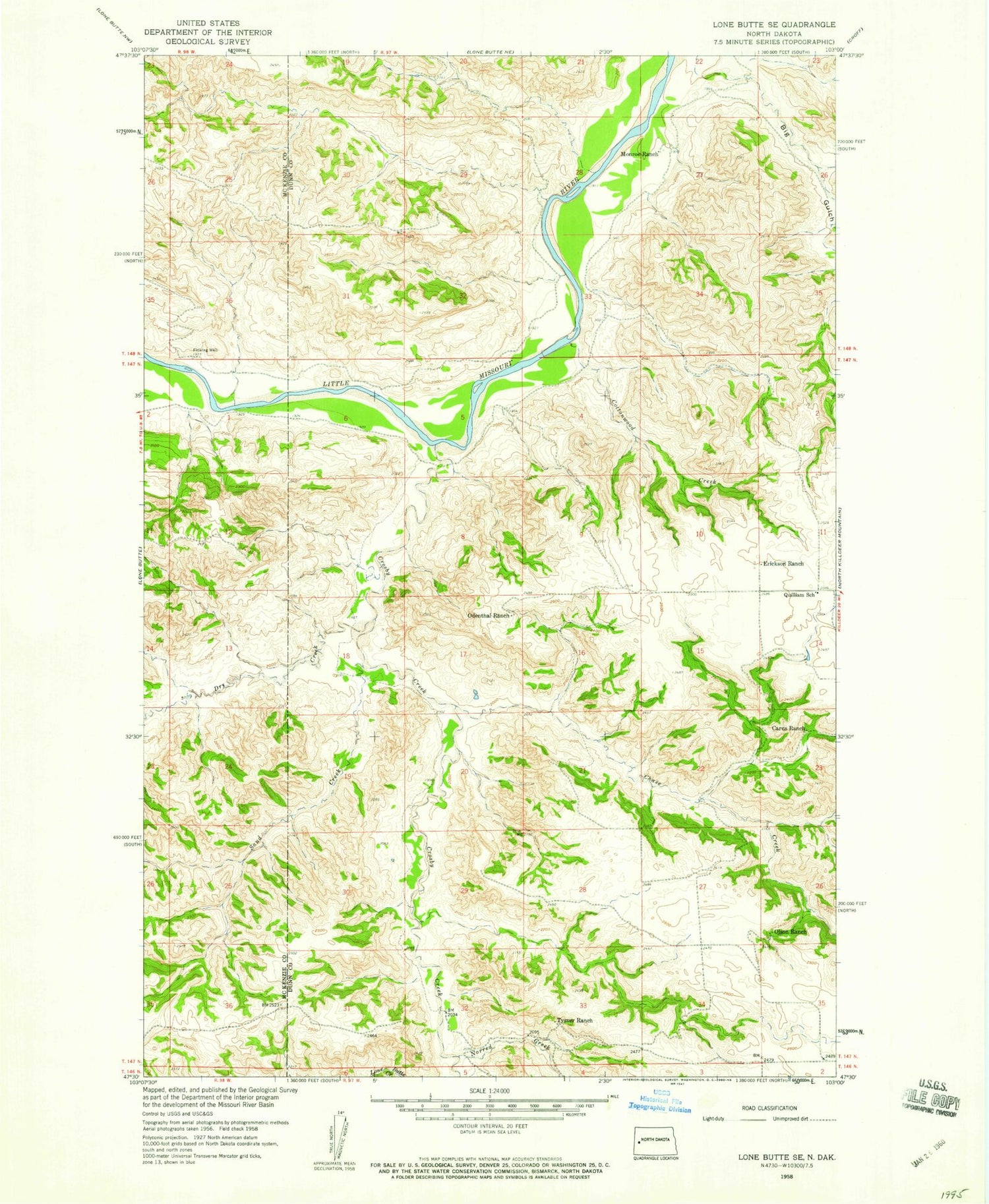 Classic USGS Lone Butte SE North Dakota 7.5'x7.5' Topo Map Image